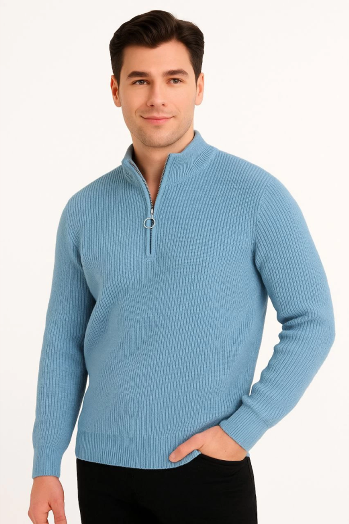 Erkek Yarım Fermuarlı Triko Kazak – Selanik Örgü, Dik Yaka, Pamuklu Dokuma, Regular Fit Uzun Kollu Kışlık Model - Bebe Mavisi