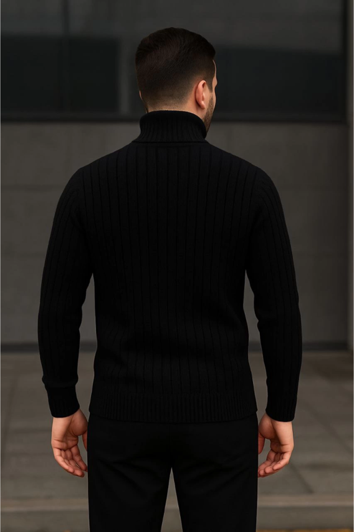 Erkek Balıkcı Yaka Bağazlı Triko Kazak Pamuklu Kalın Fitilli Dokuma, Regular Fit Uzun Kollu Kışlık Model - Siyah