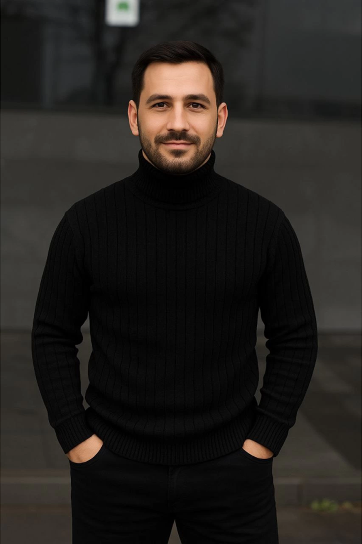 Erkek Balıkcı Yaka Bağazlı Triko Kazak Pamuklu Kalın Fitilli Dokuma, Regular Fit Uzun Kollu Kışlık Model - Siyah