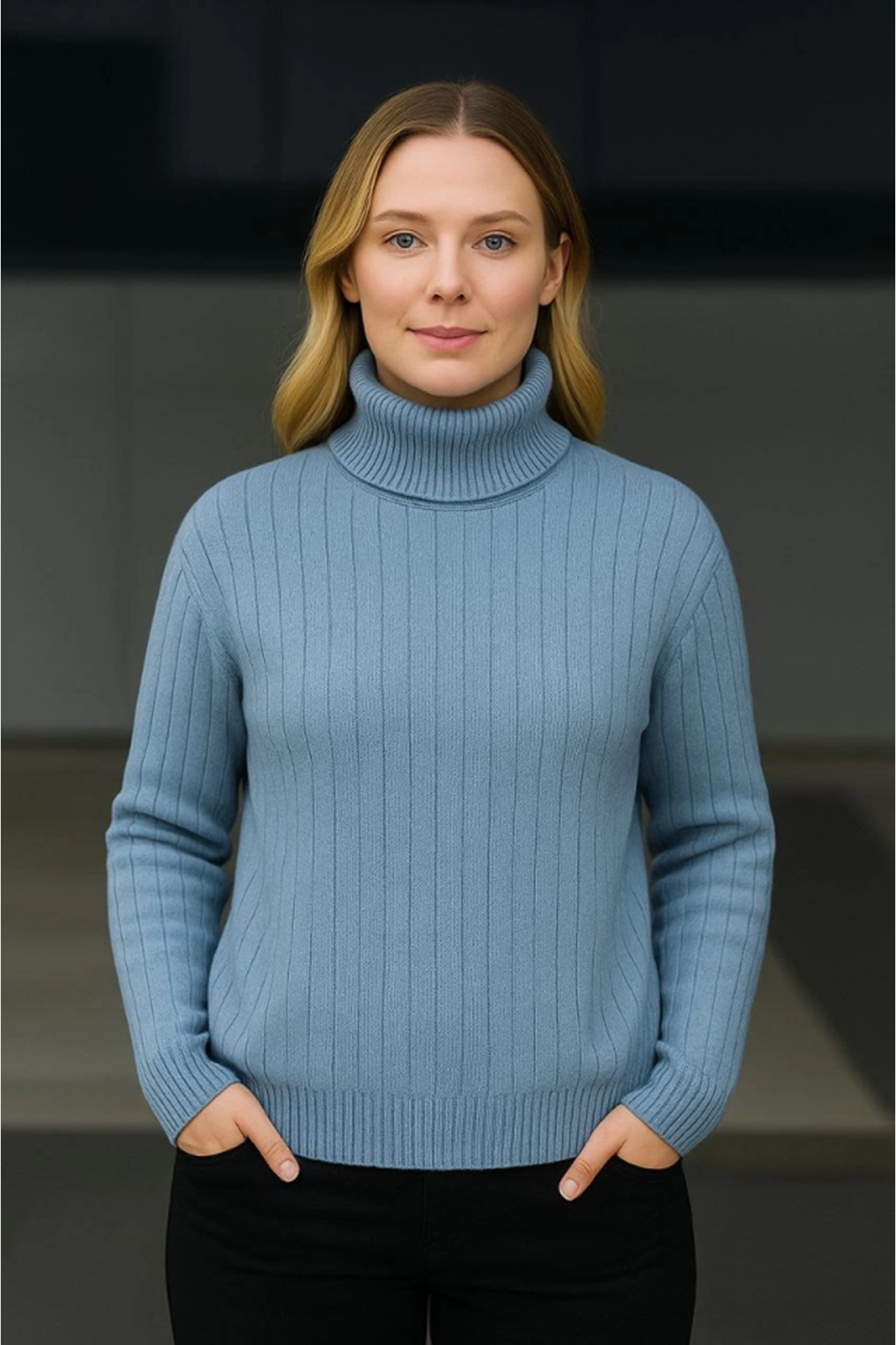 Balıkcı Yaka Bağazlı Triko Kazak Pamuklu Kalın Fitilli Dokuma - Bebek Mavisi