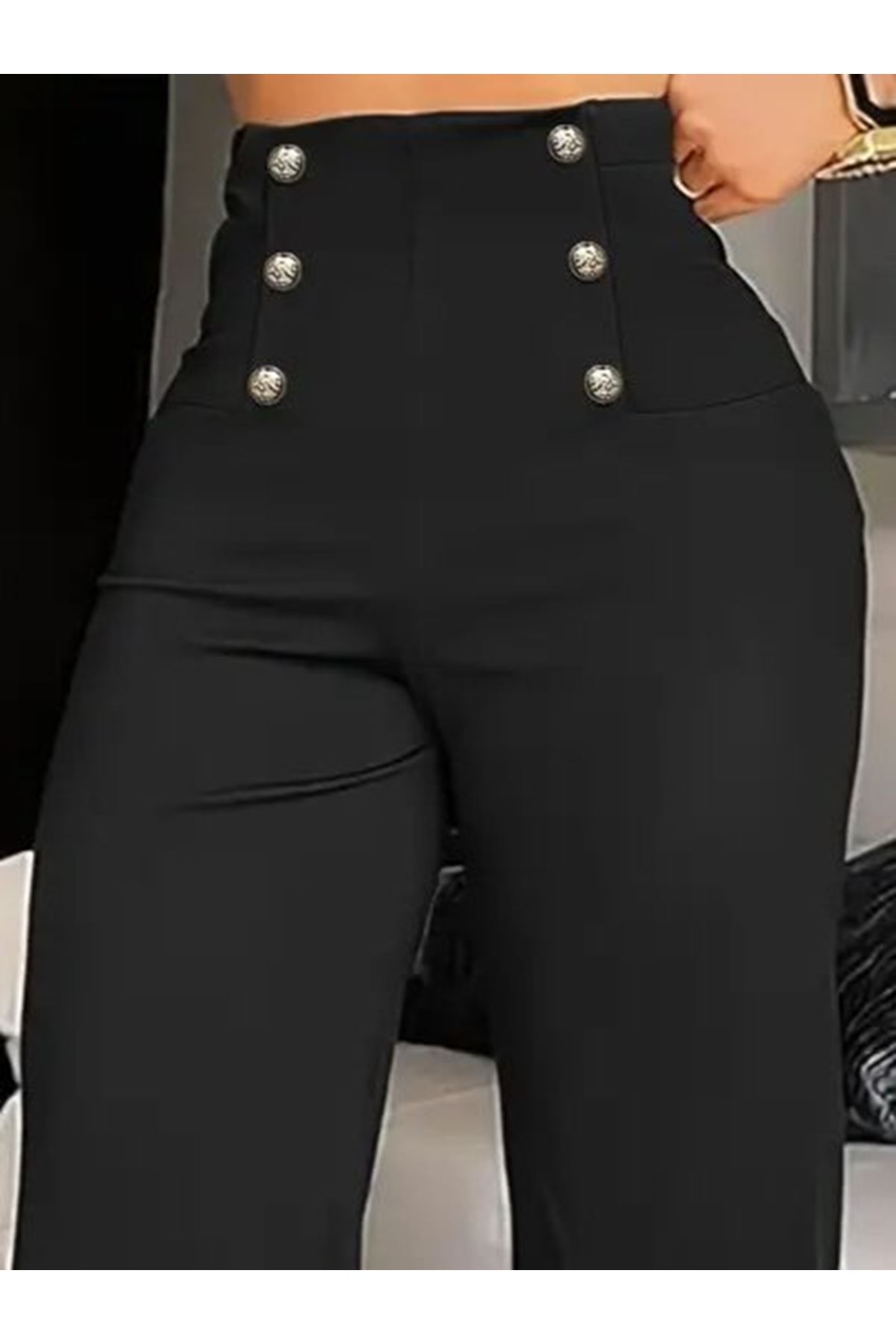 Kadın Yüksek Bel önden Düğmeli Uzun Paçaya Doğru Geniş Ithal Krep Pantolon