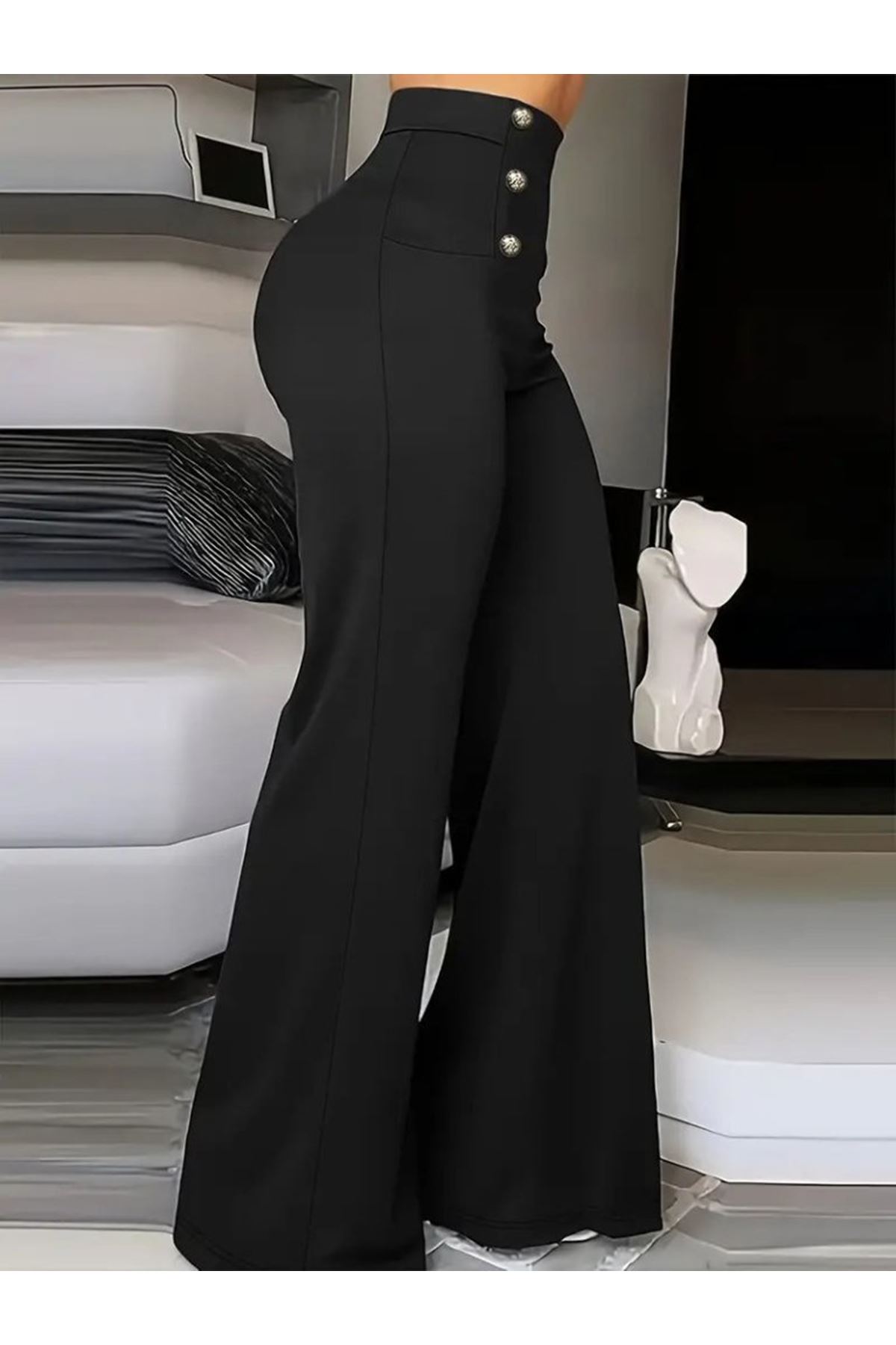 Kadın Yüksek Bel önden Düğmeli Uzun Paçaya Doğru Geniş Ithal Krep Pantolon