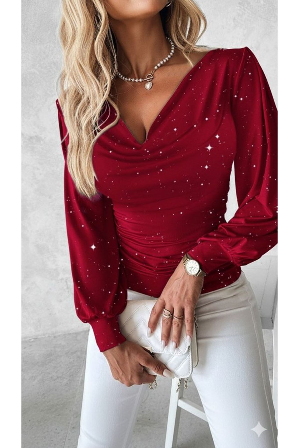 Kadın Uzun Kollu Degaje Yaka Taşlı Sandy Bluz