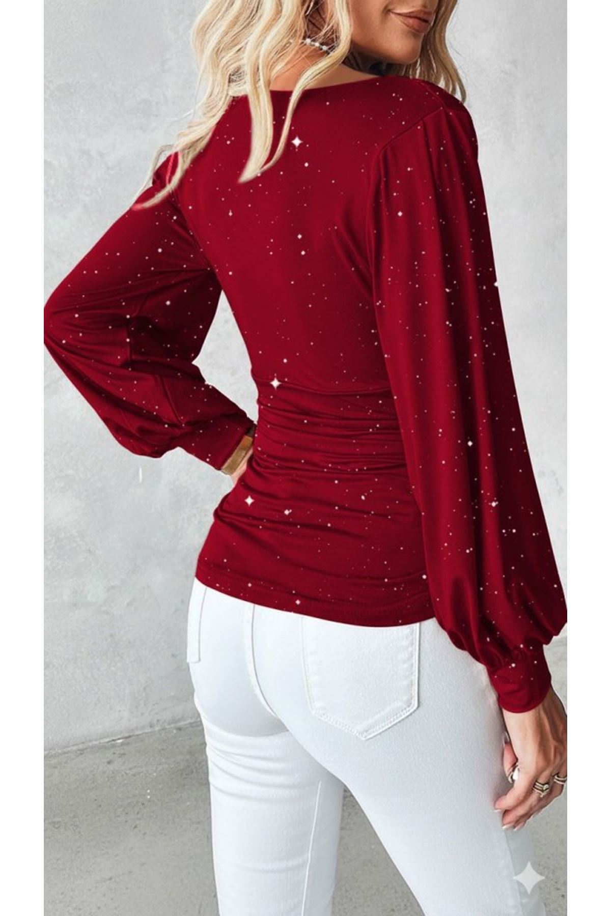 Kadın Uzun Kollu Degaje Yaka Taşlı Sandy Bluz