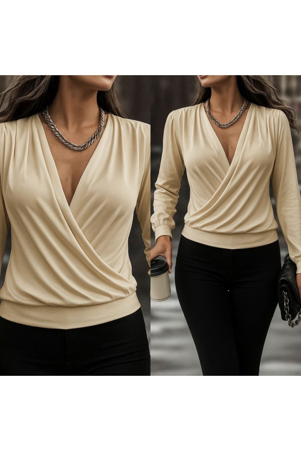 Kadın Uzun Kollu Kruvaze Yaka Sandy Bluz