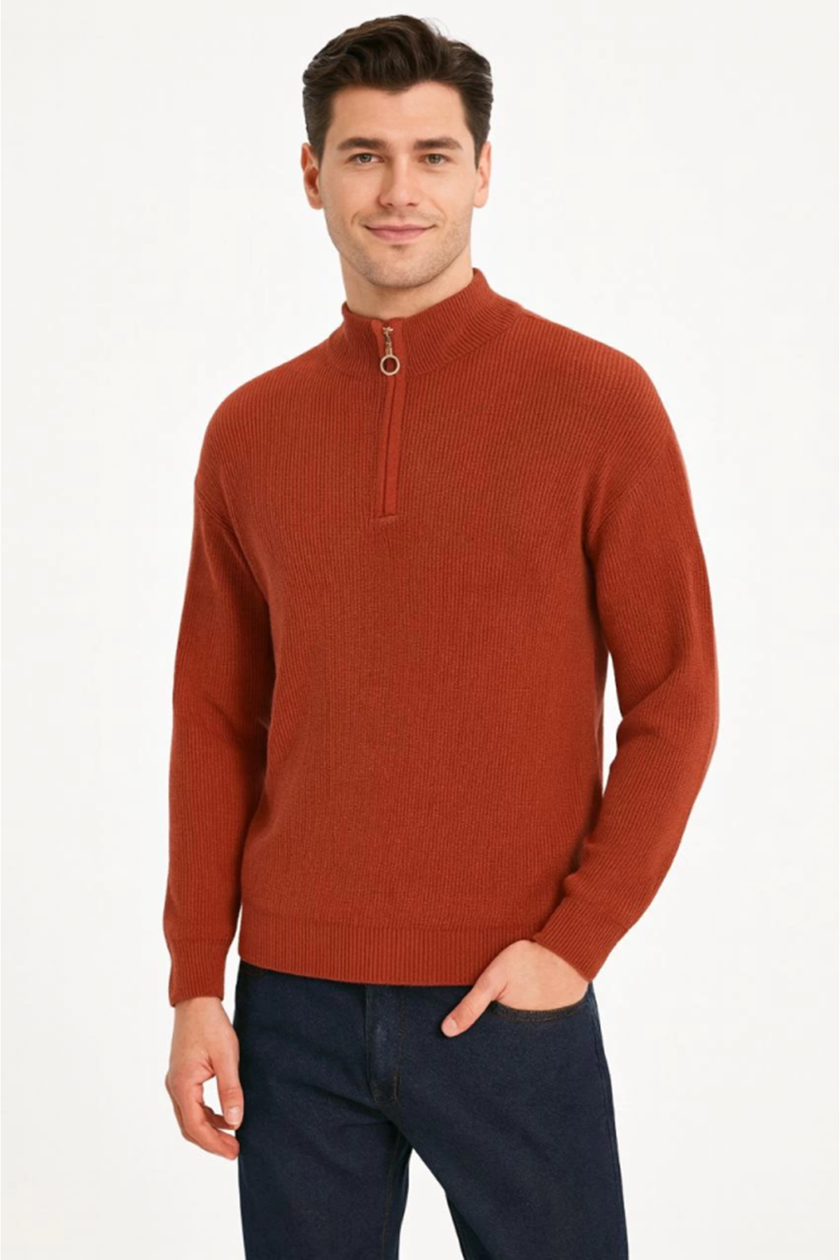 Erkek Yarım Fermuarlı Triko Kazak – Selanik Örgü, Dik Yaka, Pamuklu Dokuma, Regular Fit Uzun Kollu Kışlık Model - Kiremit