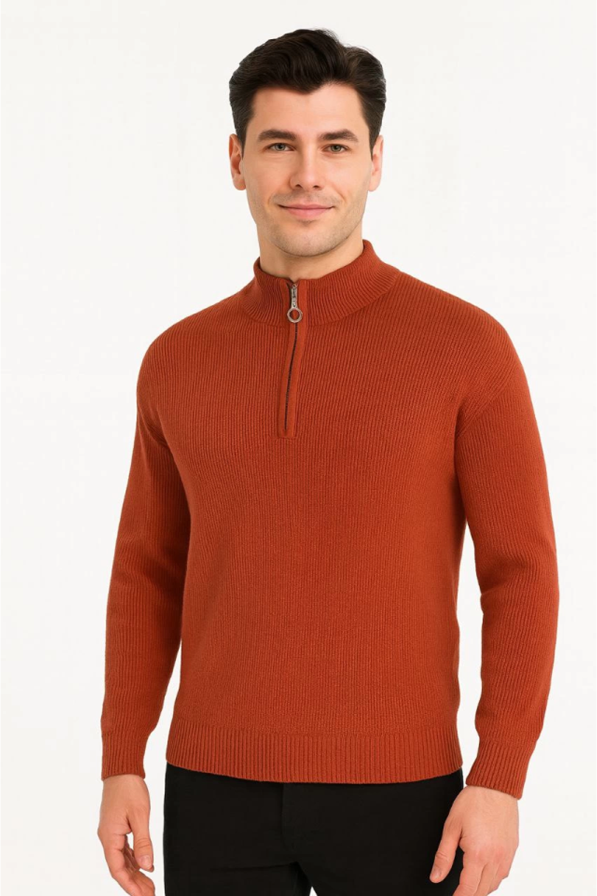 Erkek Yarım Fermuarlı Triko Kazak – Selanik Örgü, Dik Yaka, Pamuklu Dokuma, Regular Fit Uzun Kollu Kışlık Model - Kiremit