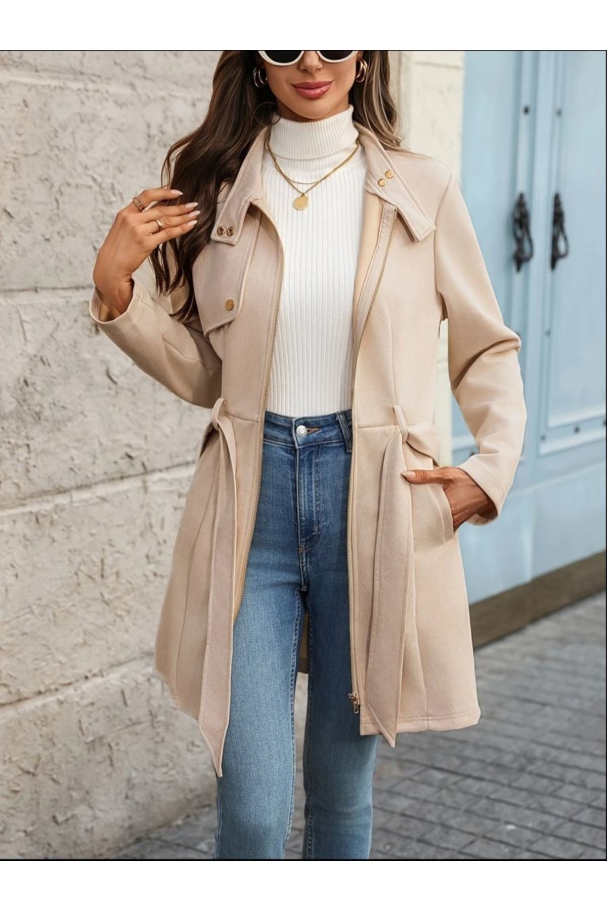 Kadın Uzun Kollu Boyundan Düğmeli Fermuarlı Beli Kuşaklı Süet Ceket