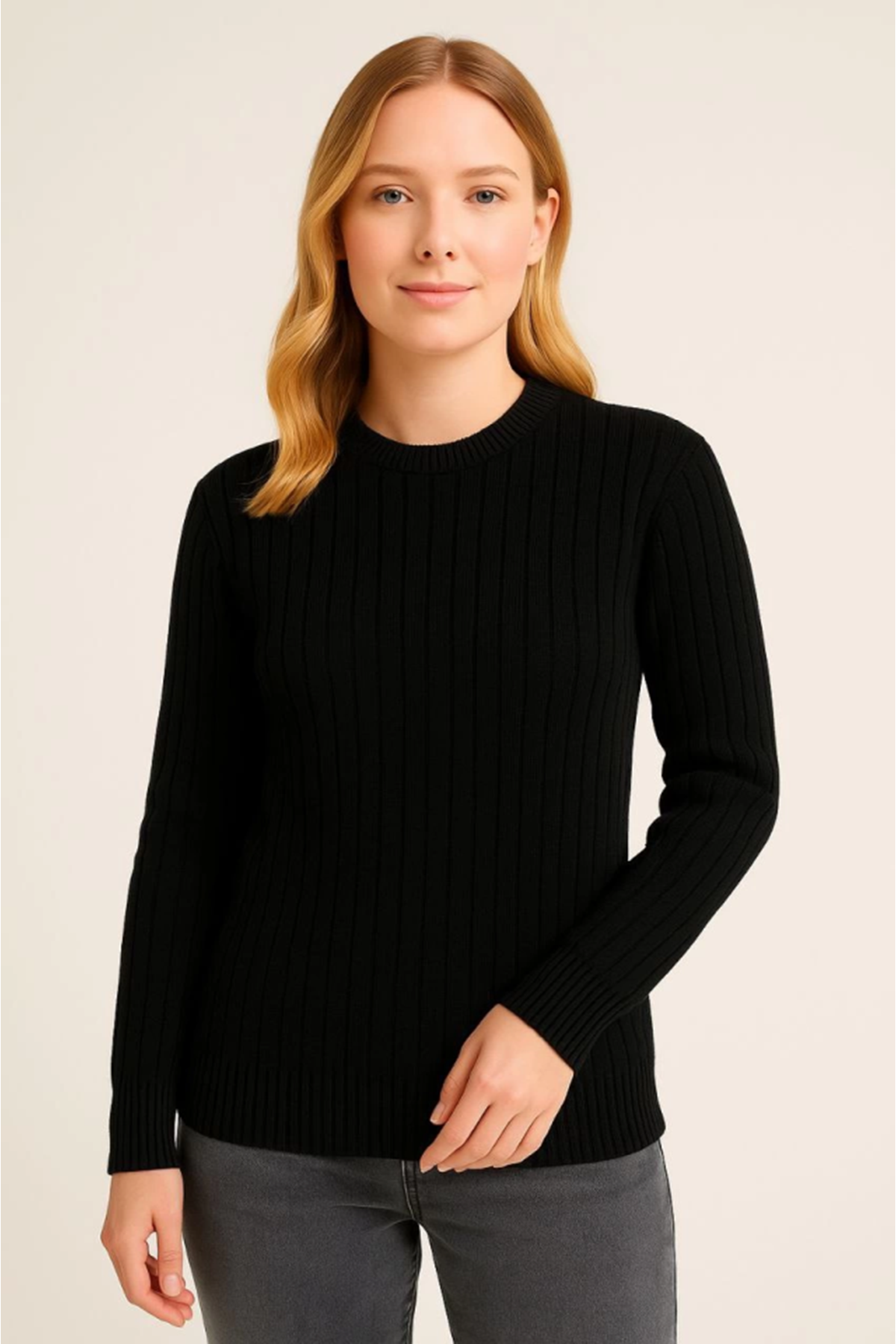 Bisiklet Yuvarlak Yaka Triko Kazak Pamuklu Kalın Fitilli Dokuma, Regular Fit Uzun Kollu Kışlık Model - Siyah