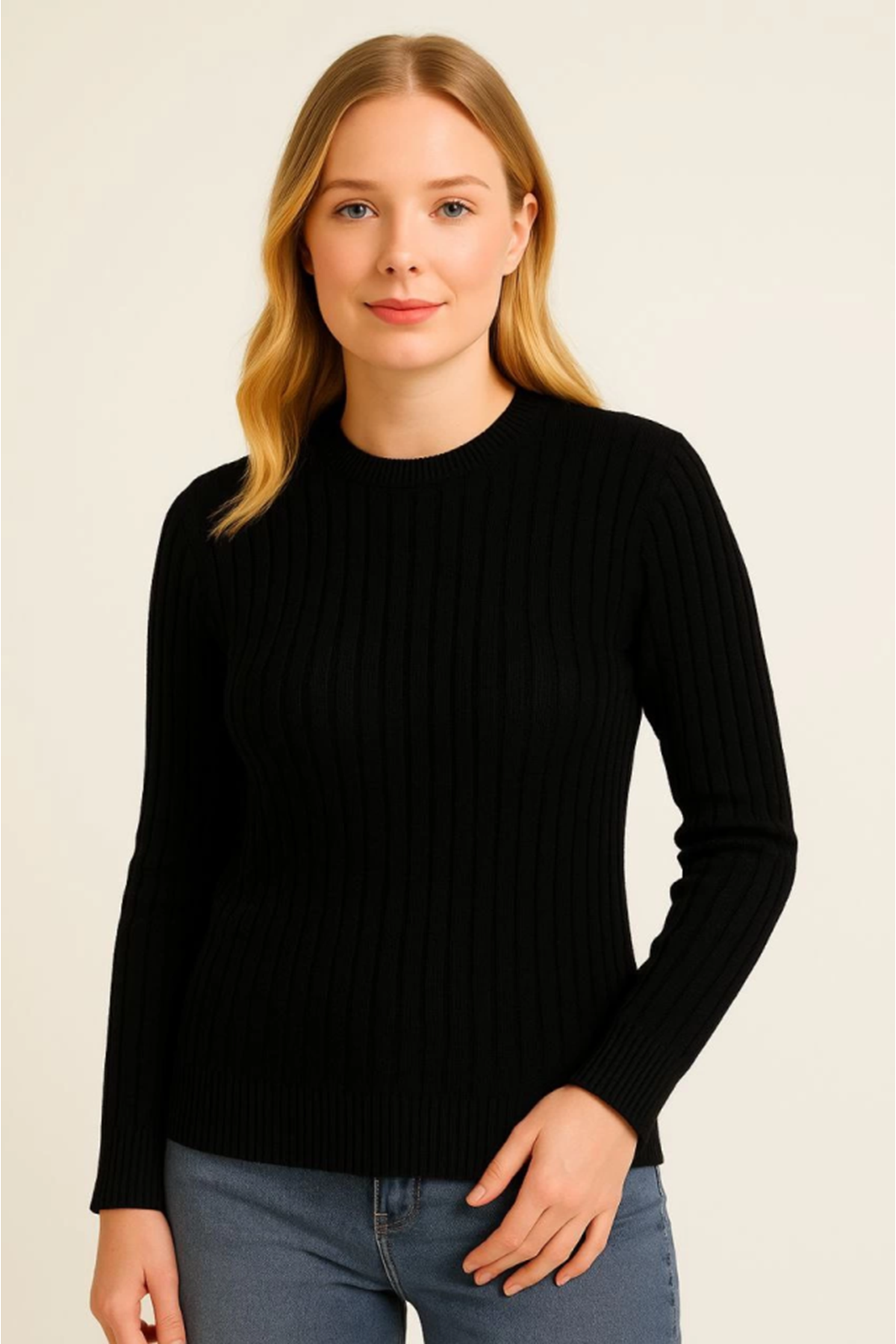 Bisiklet Yuvarlak Yaka Triko Kazak Pamuklu Kalın Fitilli Dokuma, Regular Fit Uzun Kollu Kışlık Model - Siyah