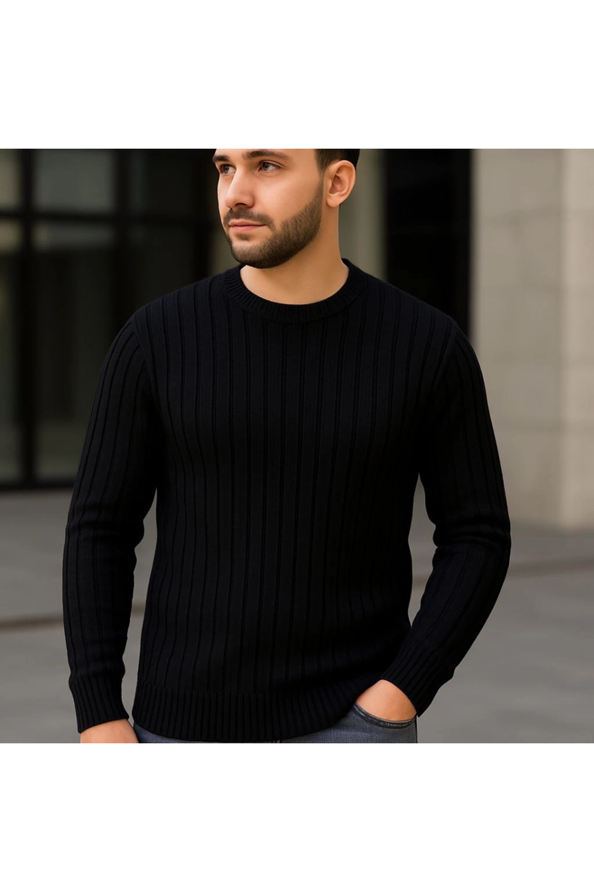 Erkek Bisiklet Yuvarlak Yaka Triko Kazak Pamuklu Kalın Fitilli Dokuma, Regular Fit Uzun Kollu Kışlık Model - Siyah