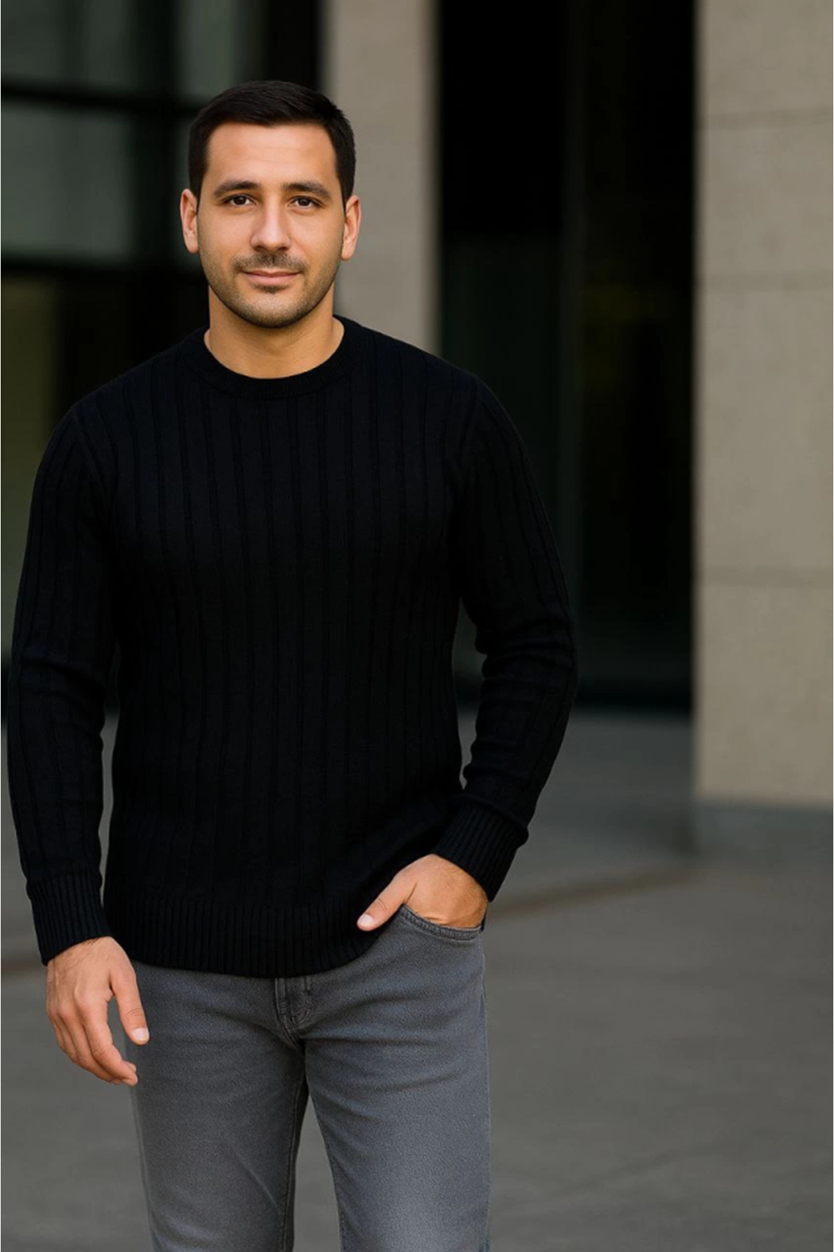 Erkek Bisiklet Yuvarlak Yaka Triko Kazak Pamuklu Kalın Fitilli Dokuma, Regular Fit Uzun Kollu Kışlık Model - Siyah