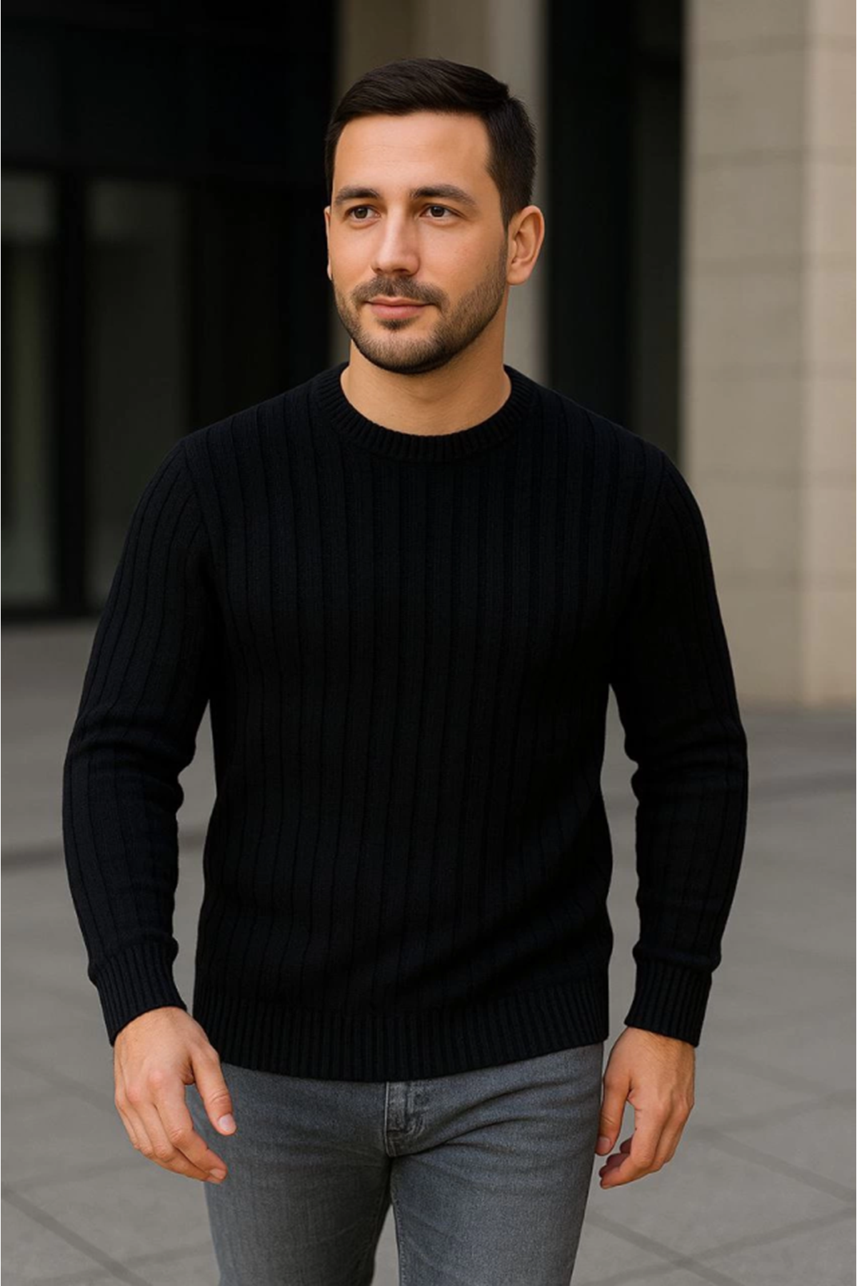 Erkek Bisiklet Yuvarlak Yaka Triko Kazak Pamuklu Kalın Fitilli Dokuma, Regular Fit Uzun Kollu Kışlık Model - Siyah