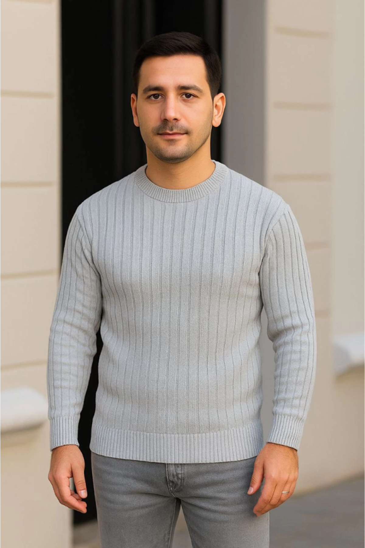 Erkek Bisiklet Yuvarlak Yaka Triko Kazak Pamuklu Kalın Fitilli Dokuma, Regular Fit Uzun Kollu Kışlık Model - Gri