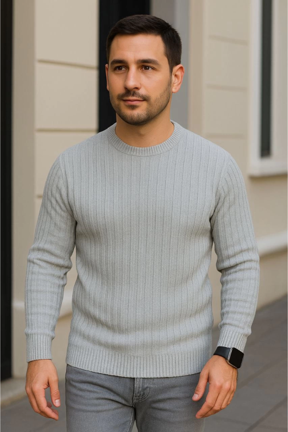 Erkek Bisiklet Yuvarlak Yaka Triko Kazak Pamuklu Kalın Fitilli Dokuma, Regular Fit Uzun Kollu Kışlık Model - Gri