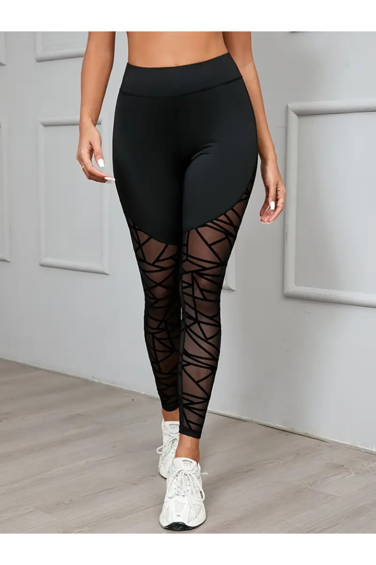 Kadın Yüksek Bel Geometrik Desen File Detaylı Dalgıç Tayt