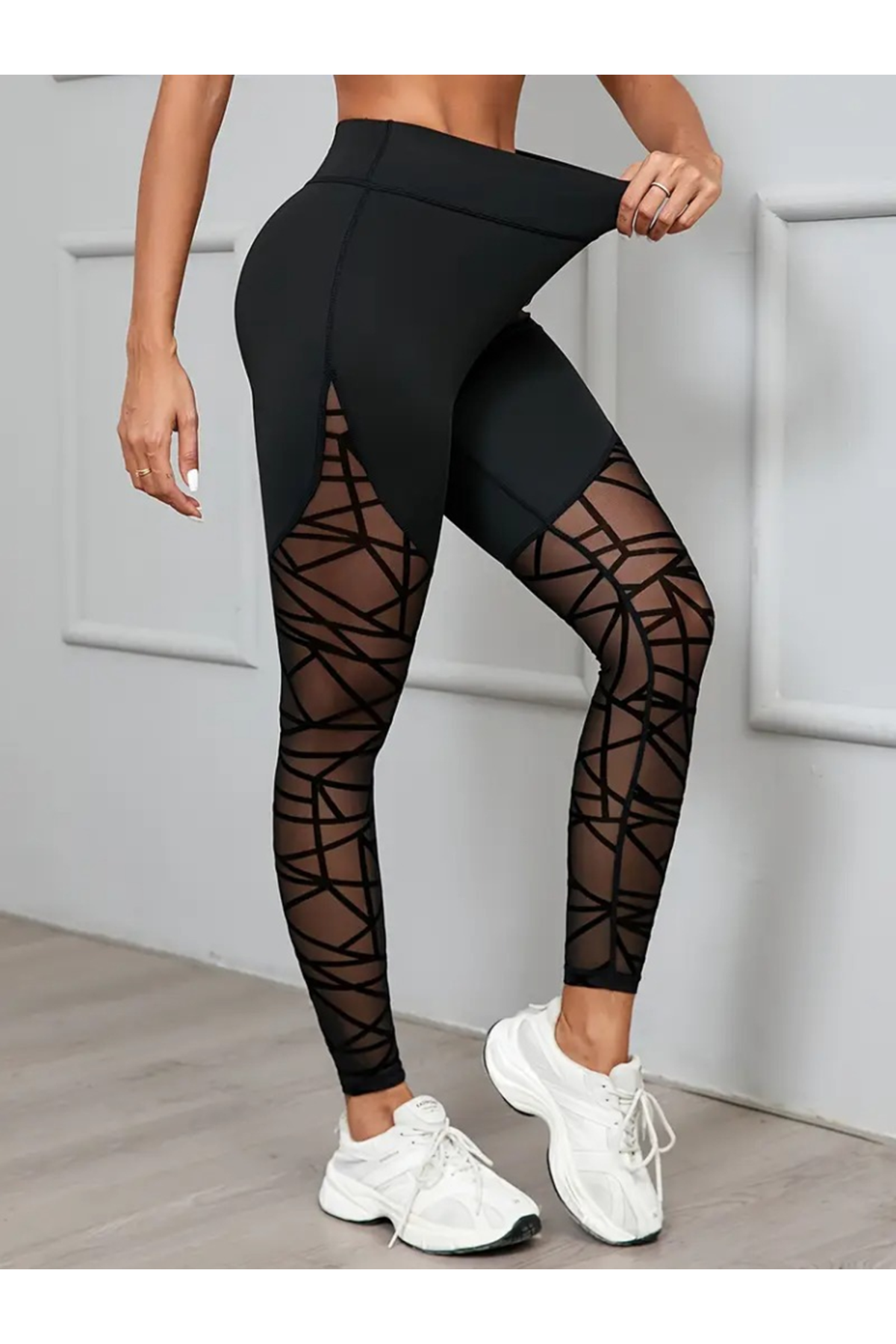 Kadın Yüksek Bel Geometrik Desen File Detaylı Dalgıç Tayt