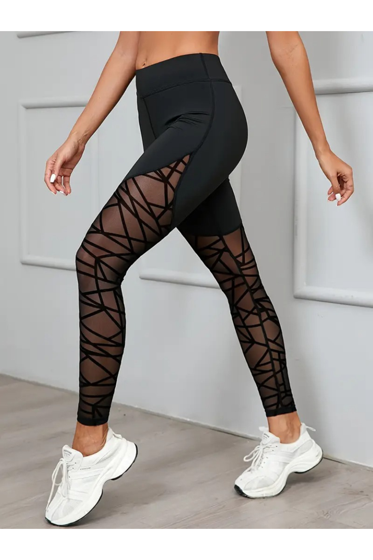 Kadın Yüksek Bel Geometrik Desen File Detaylı Dalgıç Tayt