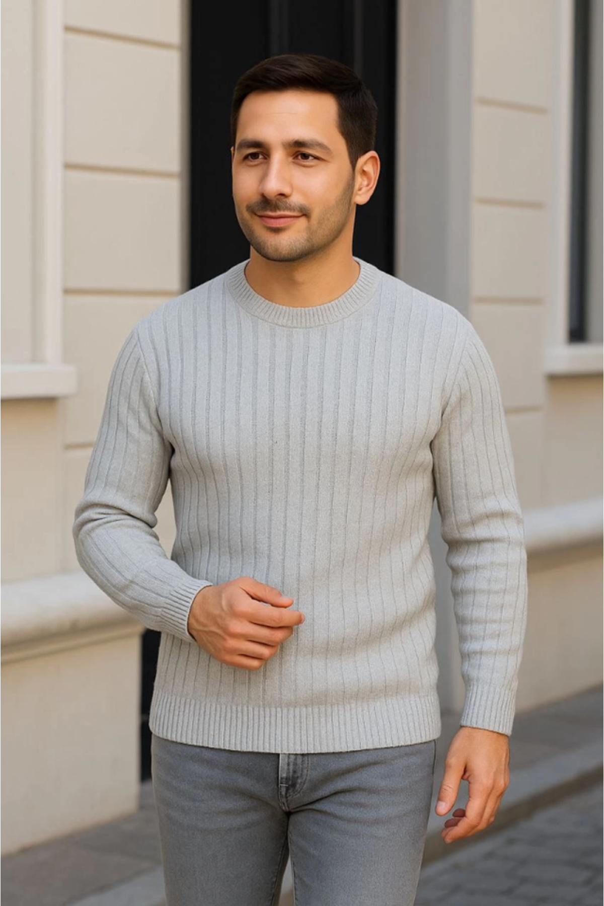 Erkek Fitilli Triko Kazak 2’li Set – Siyah - Gri, Kalın Dokuma Pamuklu Regular Fit Bisiklet Yaka Uzun Kollu Rahat Kışlık Kazak Kombini