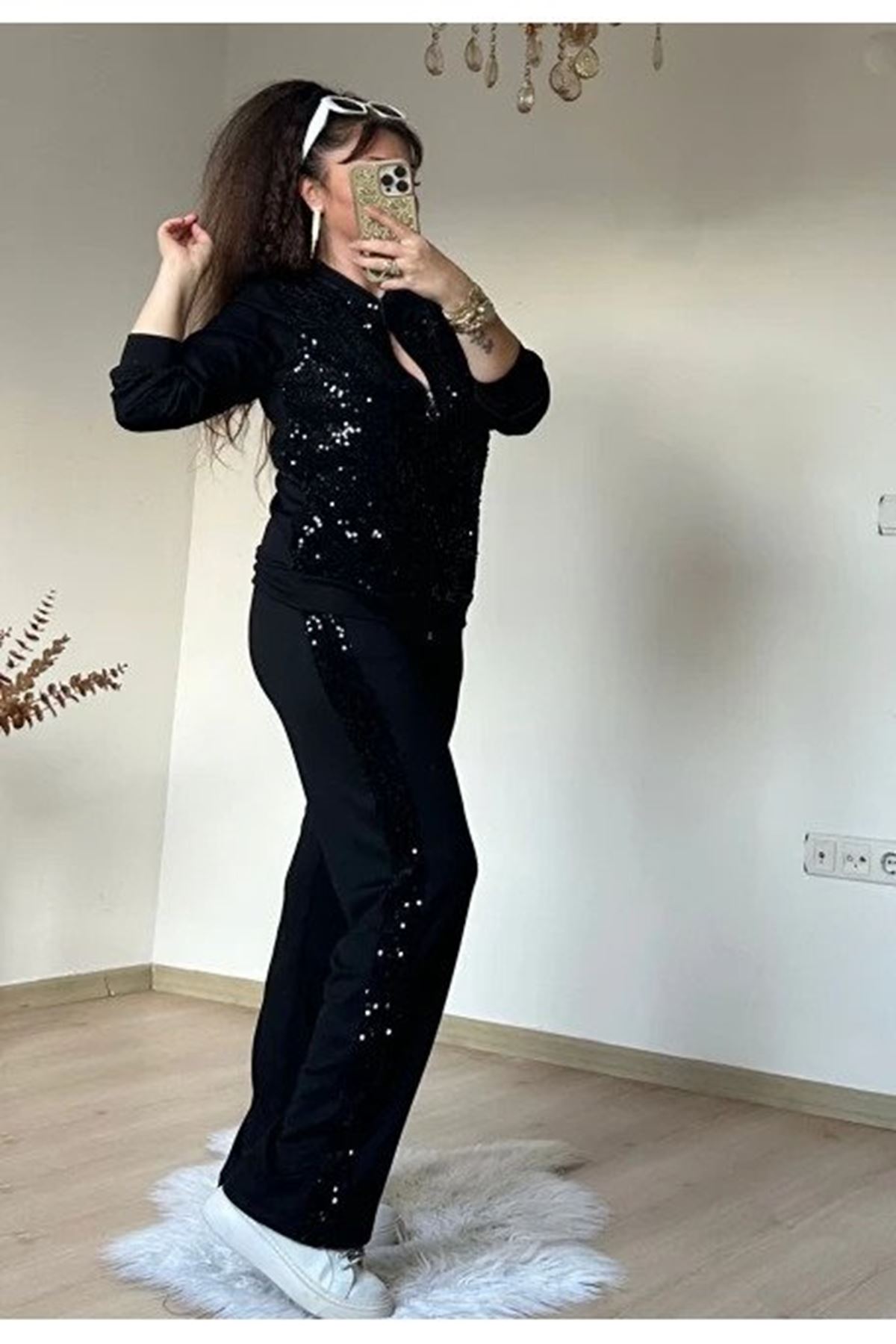 Kadın Uzun Kollu Pul Payet Detay Fermuarlı Iki Iplik Kumaş Ikili Takım