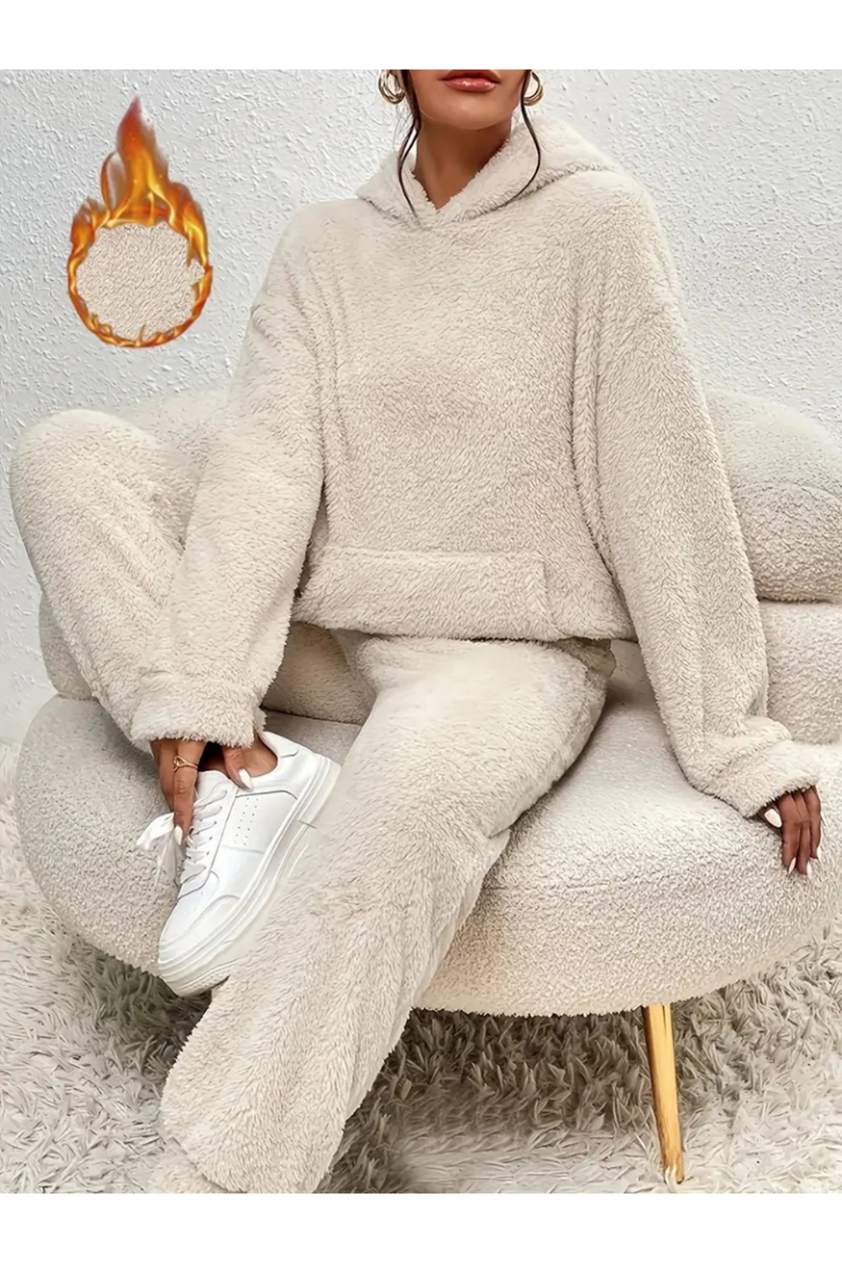 Kadın Uzun Kollu Kapşonlu önden Cepli Peluş Alt Ve üst Ikili Takım