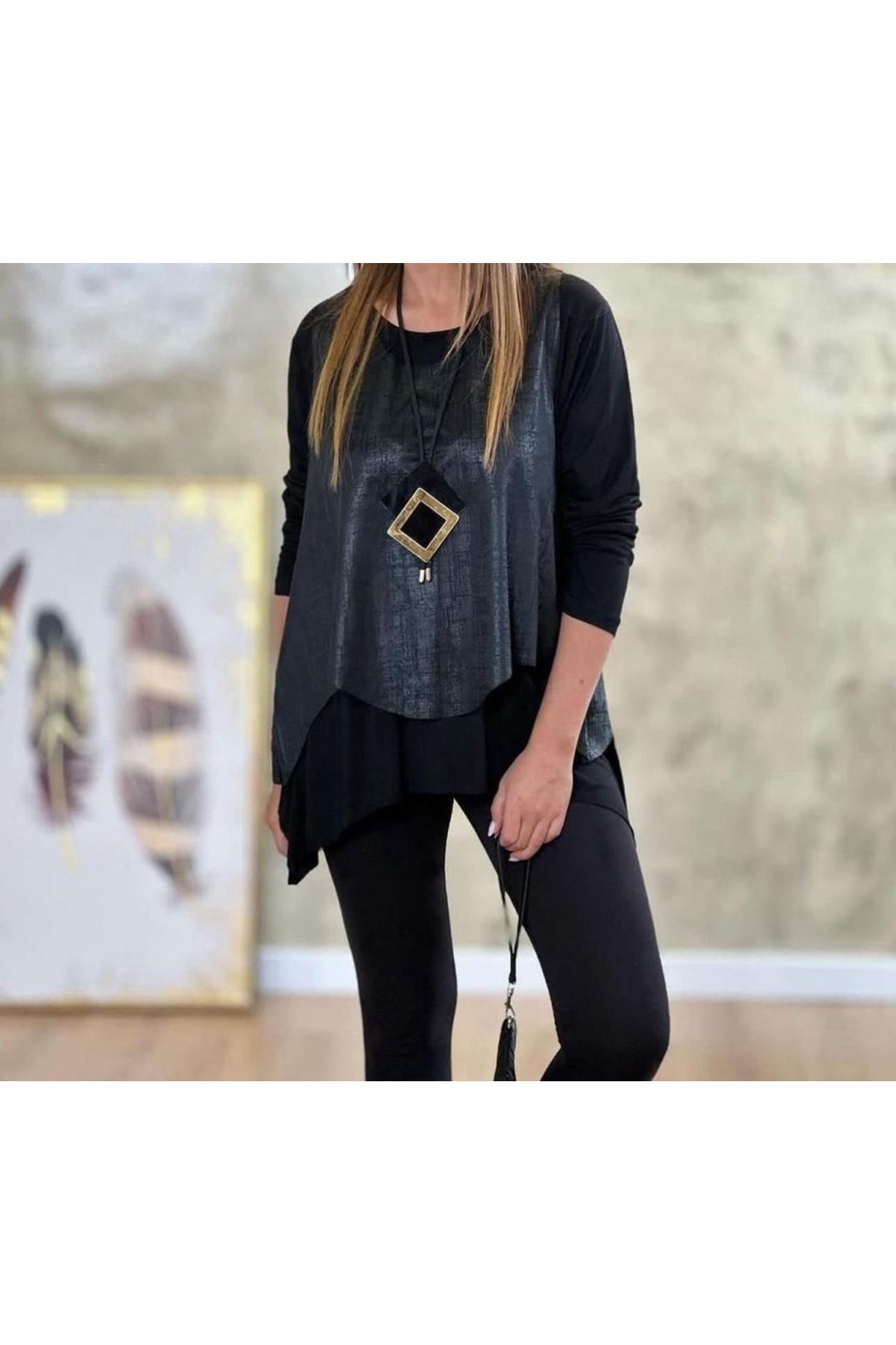 Kadın Siyah Deri Yelekli Kolye Dahil üçlü Takım