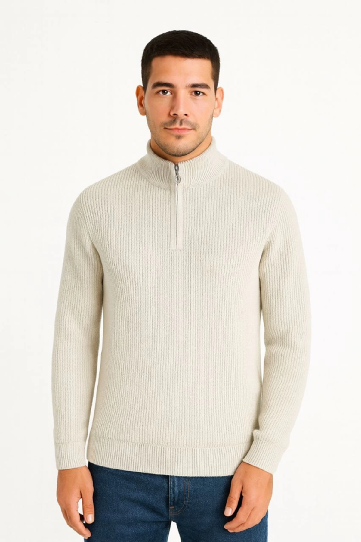 Erkek Yarım Fermuarlı Triko Kazak – Selanik Örgü, Dik Yaka, Pamuklu Dokuma, Regular Fit Uzun Kollu Kışlık Model - Bej