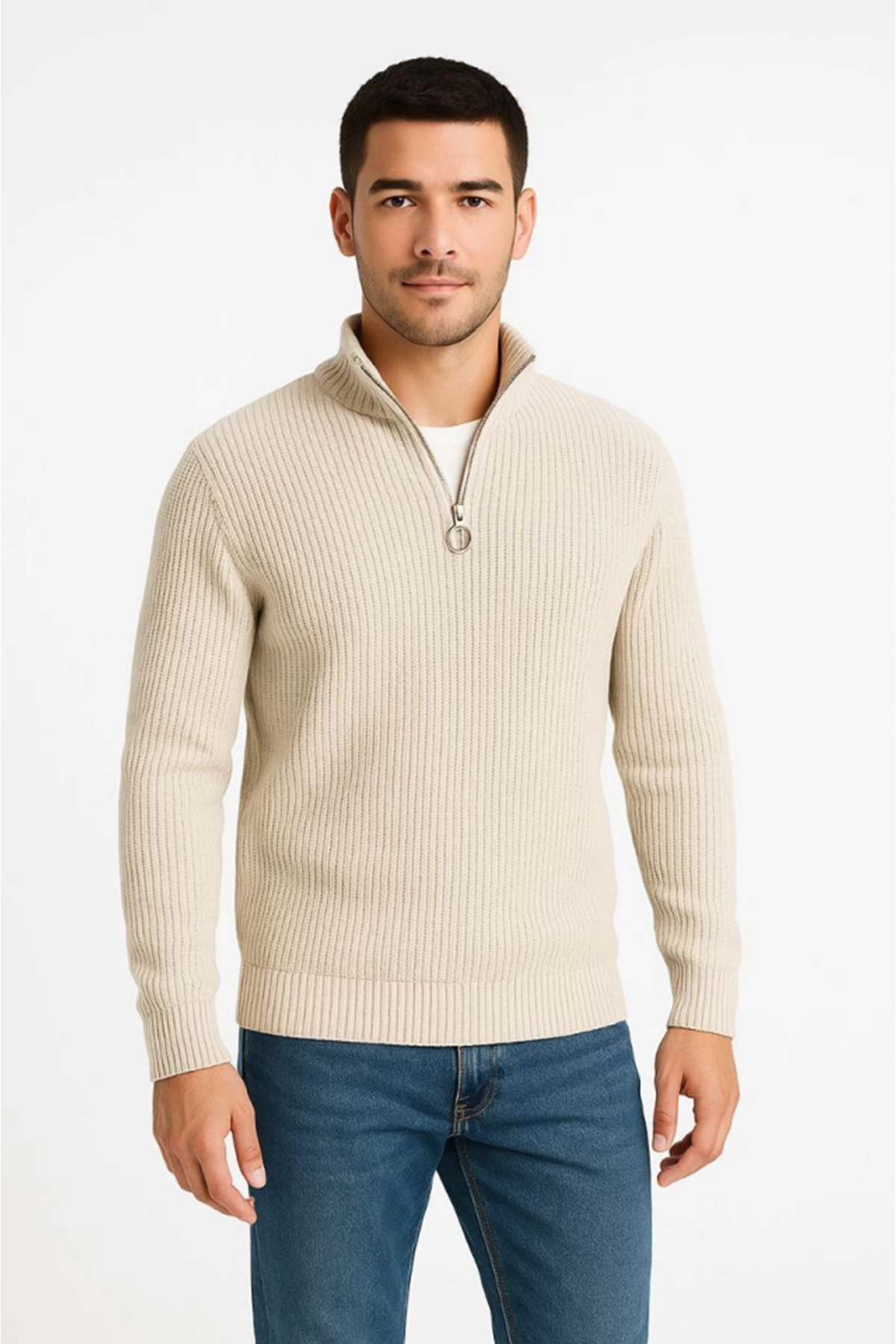 Erkek Yarım Fermuarlı Triko Kazak – Selanik Örgü, Dik Yaka, Pamuklu Dokuma, Regular Fit Uzun Kollu Kışlık Model - Bej