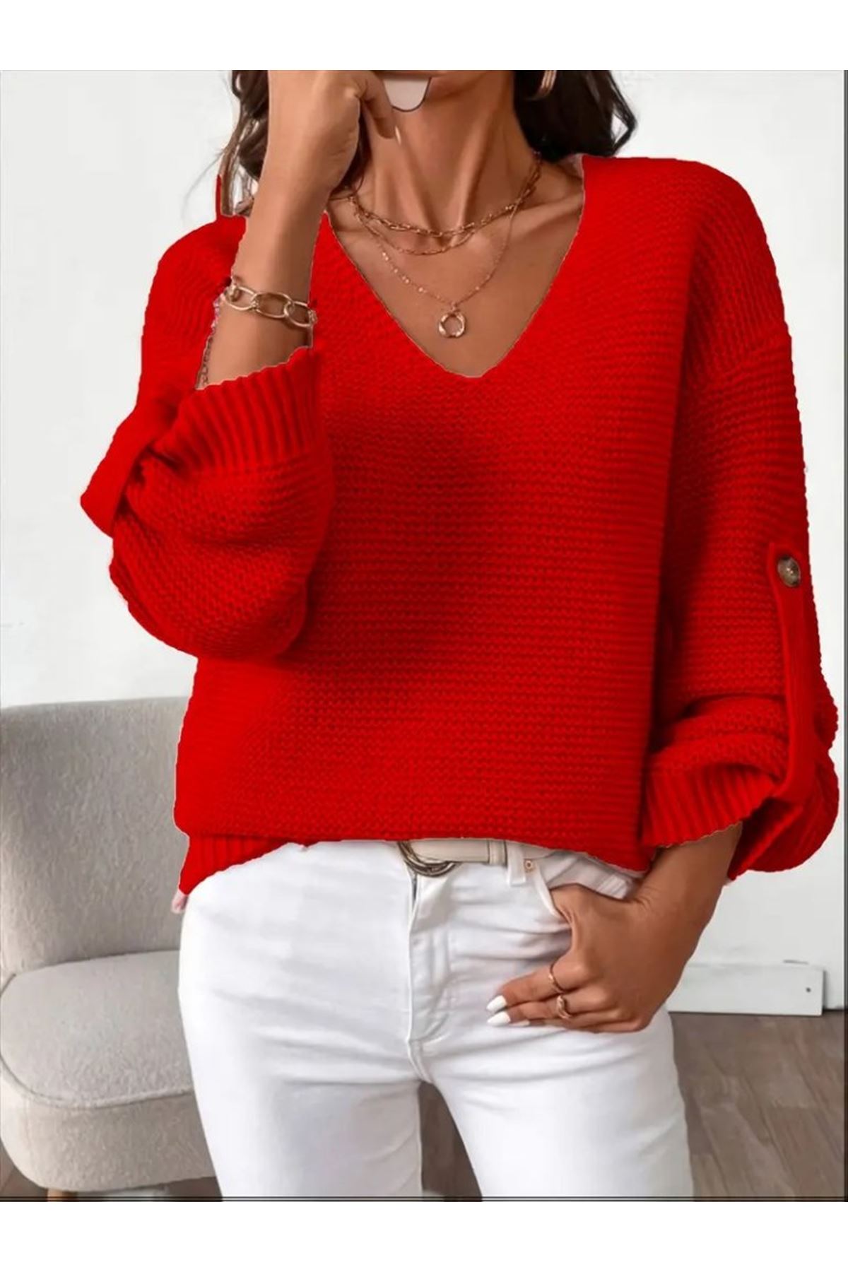 Kadın Uzun Kollu V Yakalı Düğmeli Triko Bluz