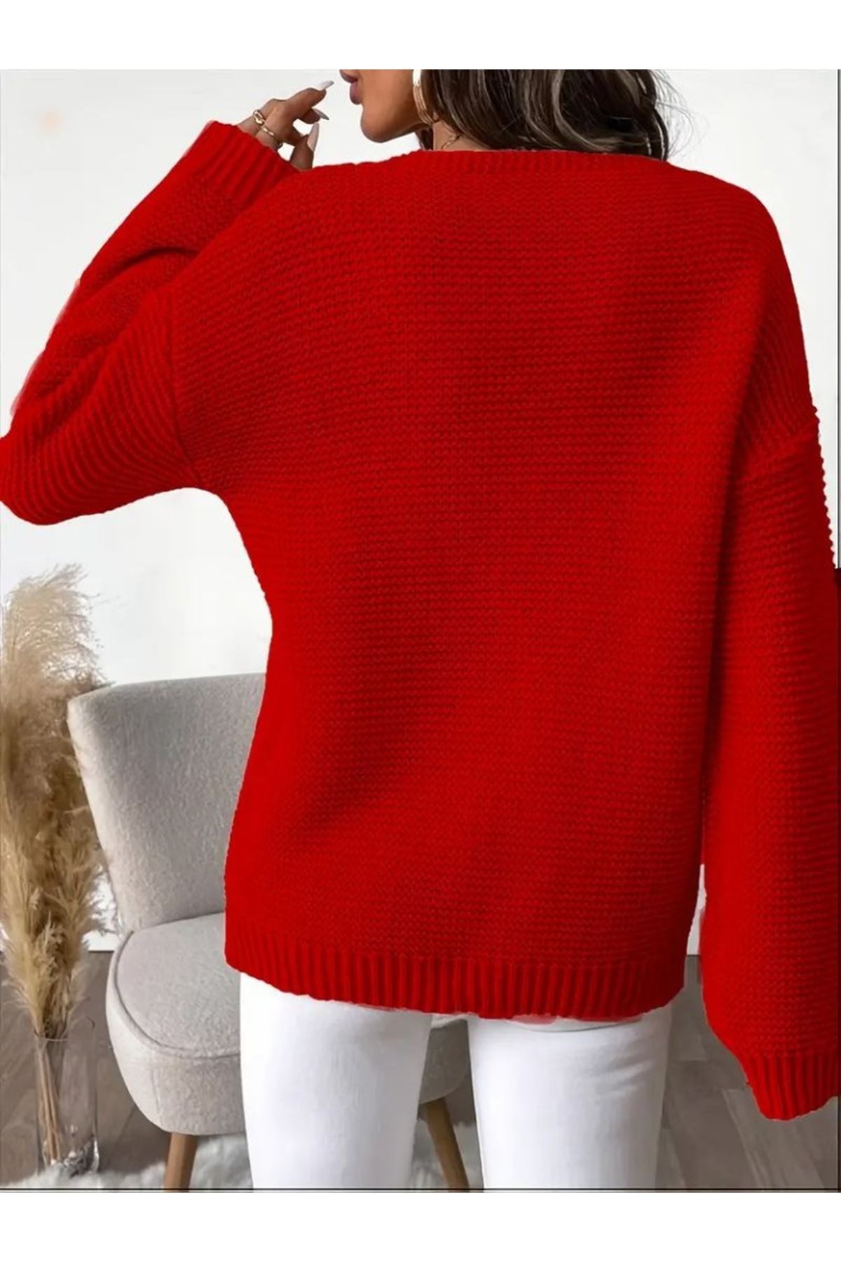 Kadın Uzun Kollu V Yakalı Düğmeli Triko Bluz