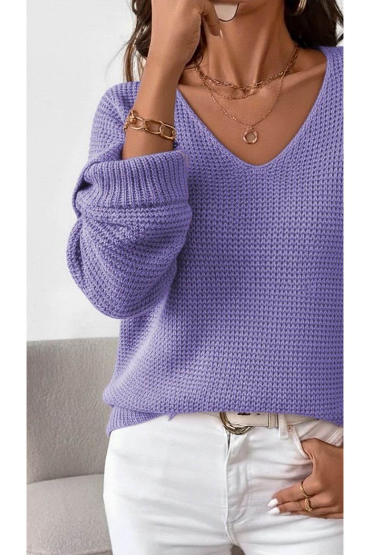Kadın Uzun Kollu V Yakalı Düğmeli Triko Bluz