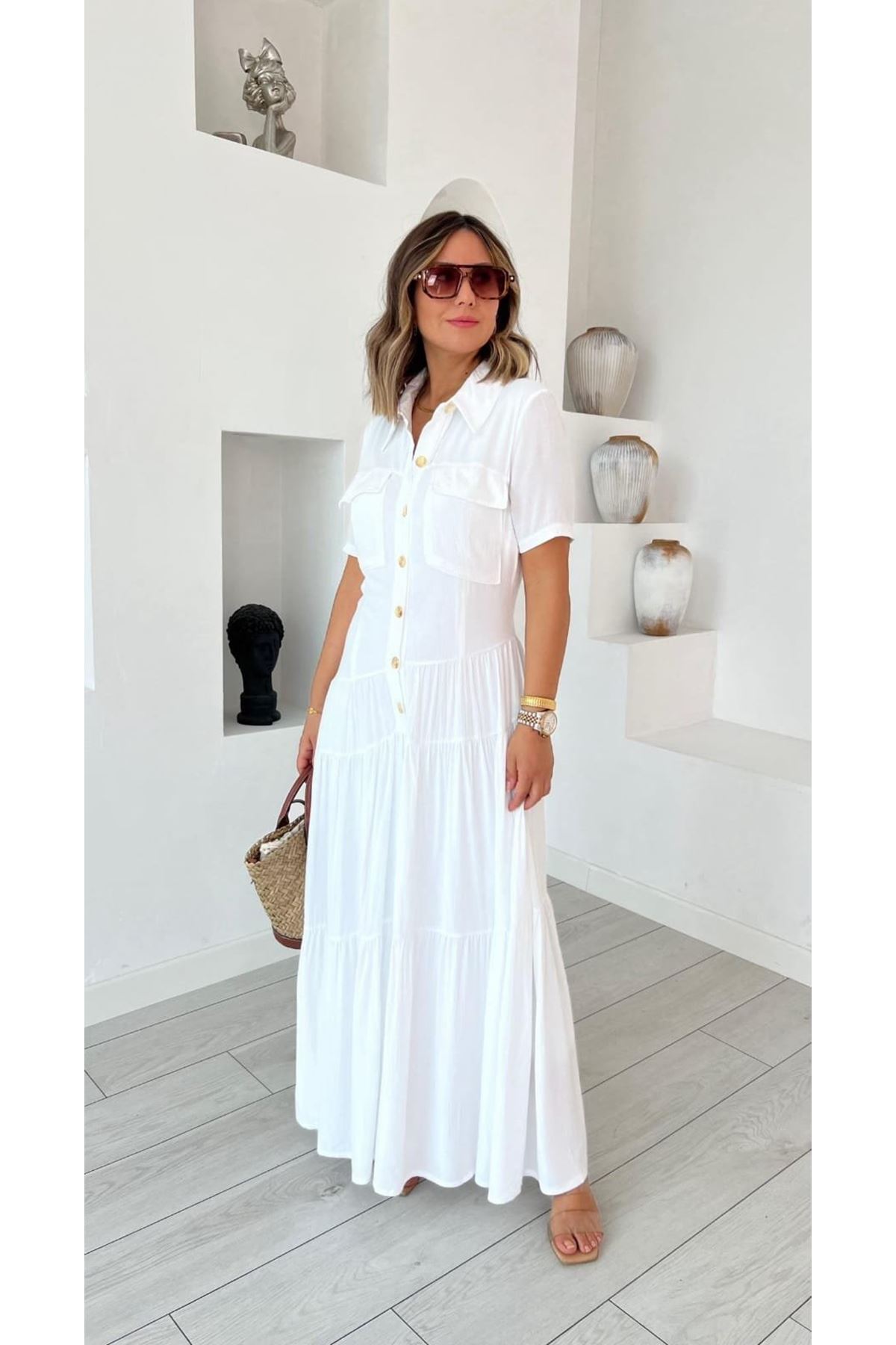 Kadın Dokuma Kumaş Cep Detaylı Maxi Boy Gömlek Elbise