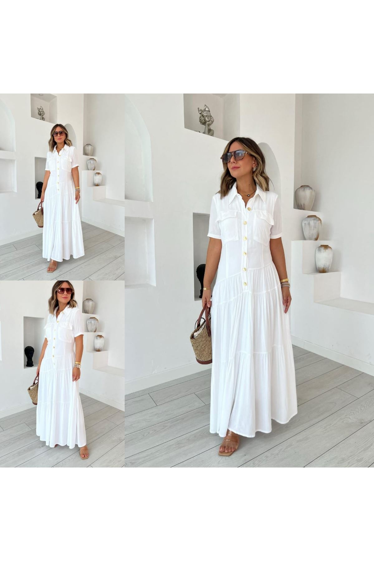 Kadın Dokuma Kumaş Cep Detaylı Maxi Boy Gömlek Elbise