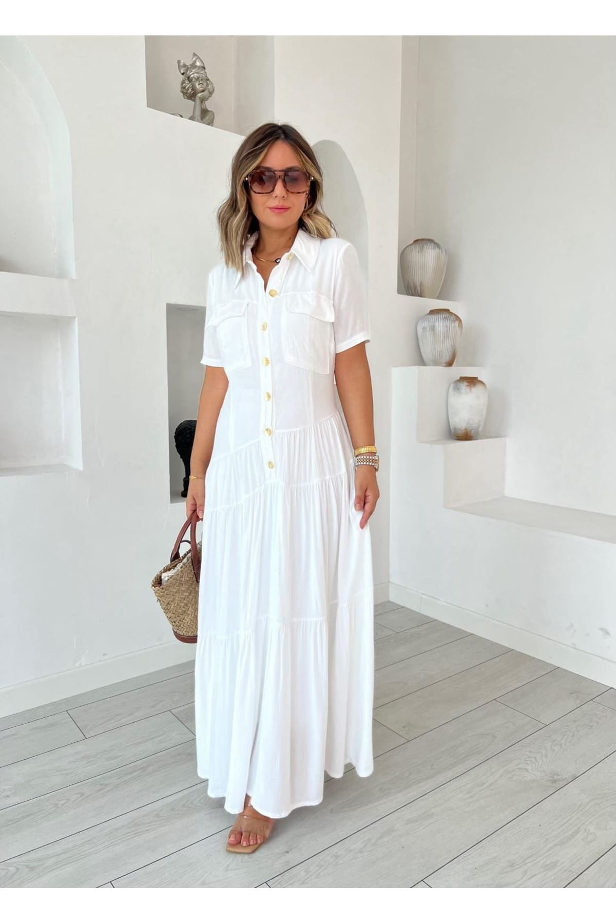 Kadın Dokuma Kumaş Cep Detaylı Maxi Boy Gömlek Elbise