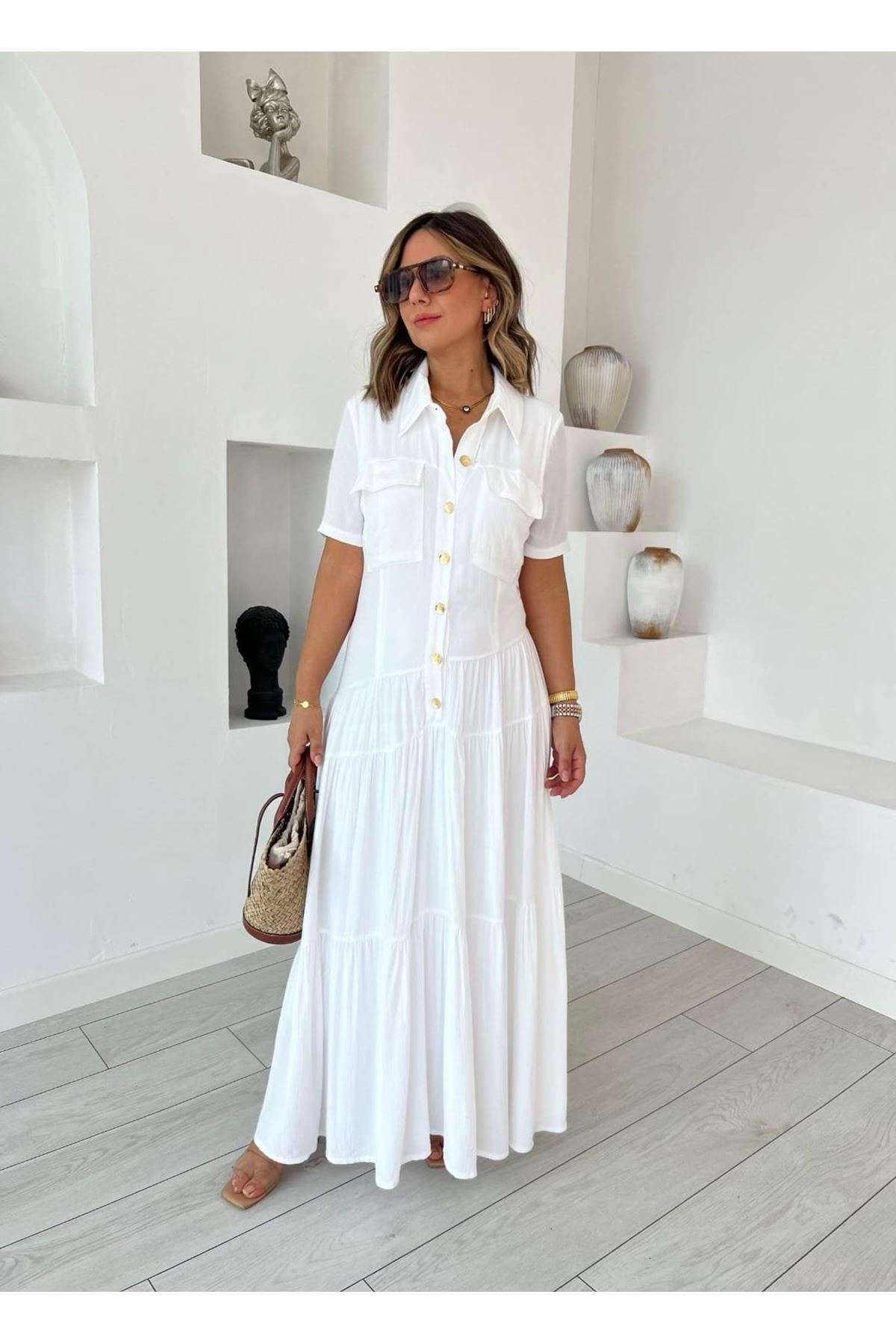 Kadın Dokuma Kumaş Cep Detaylı Maxi Boy Gömlek Elbise