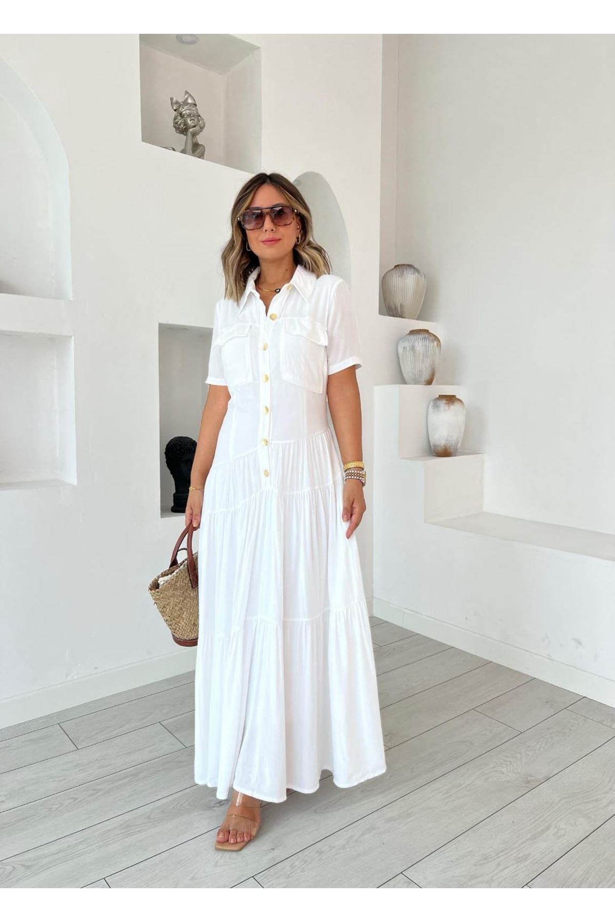 Kadın Dokuma Kumaş Cep Detaylı Maxi Boy Gömlek Elbise