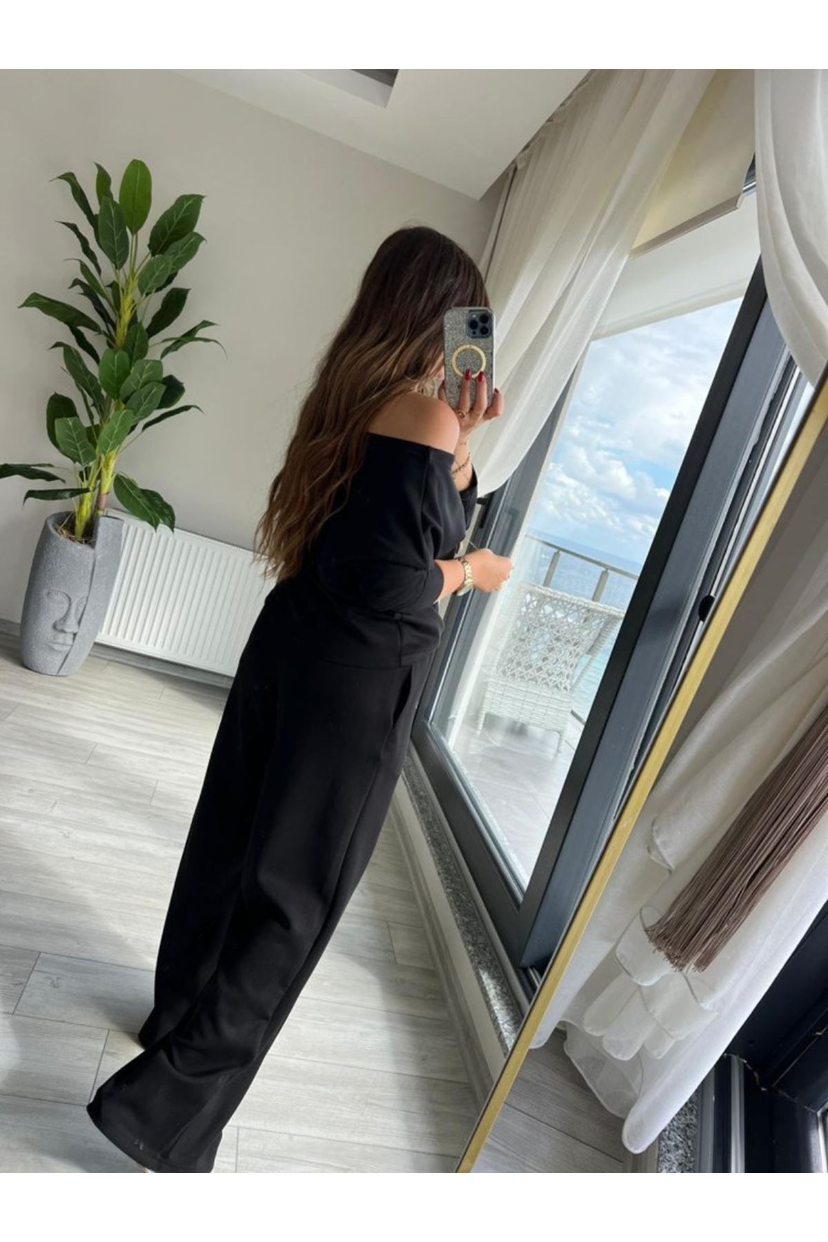 Kadın Uzun Kollu Tek Omuzdan Açık Modal Bluz Ve Pantolon Ikili Takım