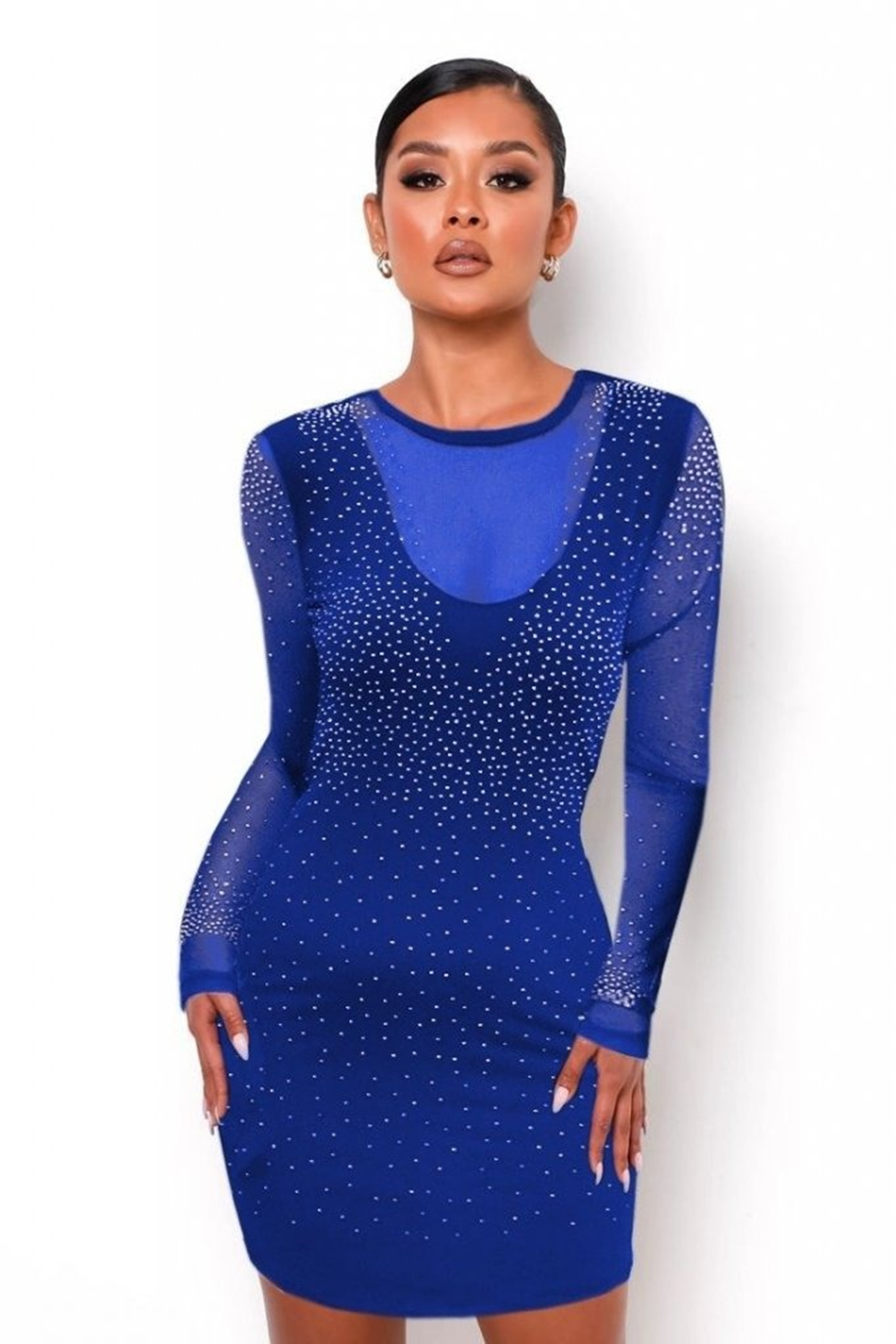 Kadın Uzun Kollu Yuvarlak Yaka Dekolteli Taşlı Dalgıç Elbise