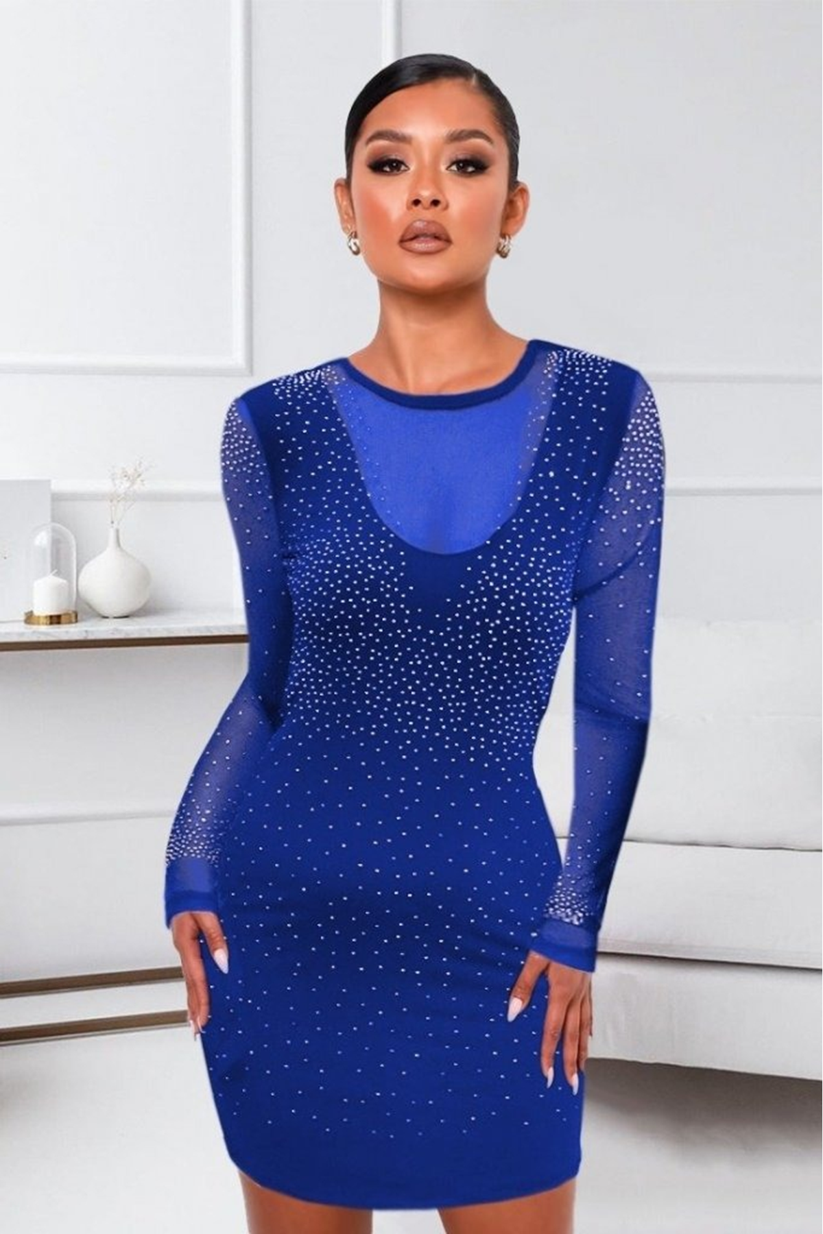 Kadın Uzun Kollu Yuvarlak Yaka Dekolteli Taşlı Dalgıç Elbise