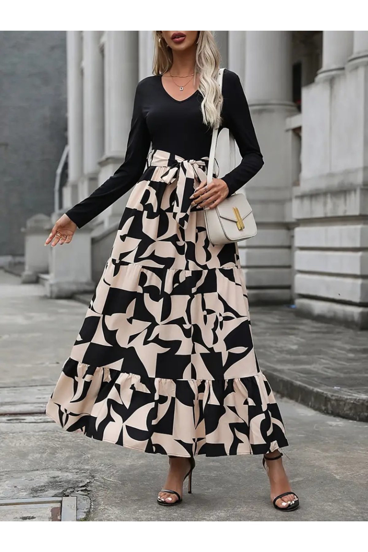 Kadın Uzun Kollu Bisiklet Yaka Uzun Elbise