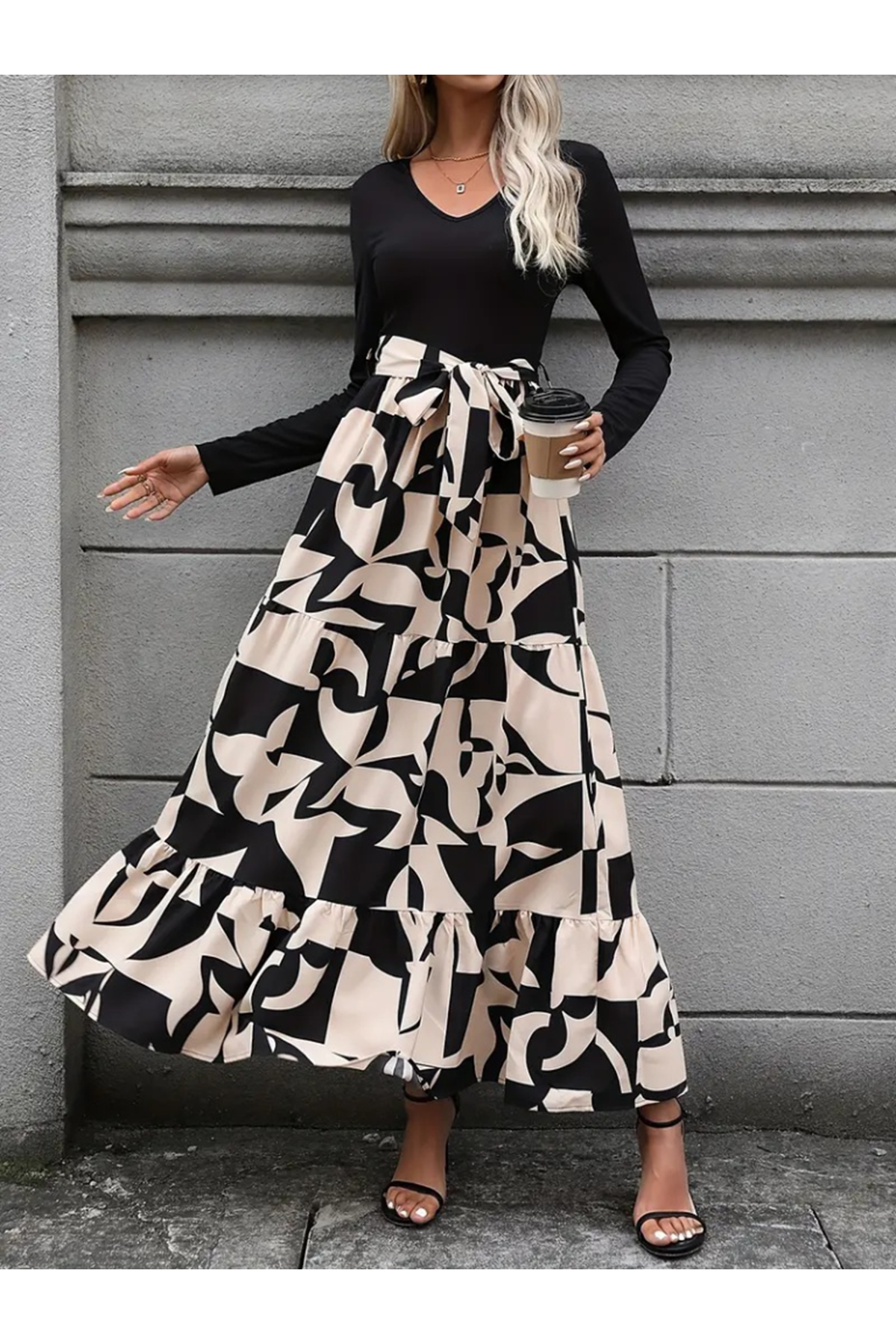 Kadın Uzun Kollu Bisiklet Yaka Uzun Elbise