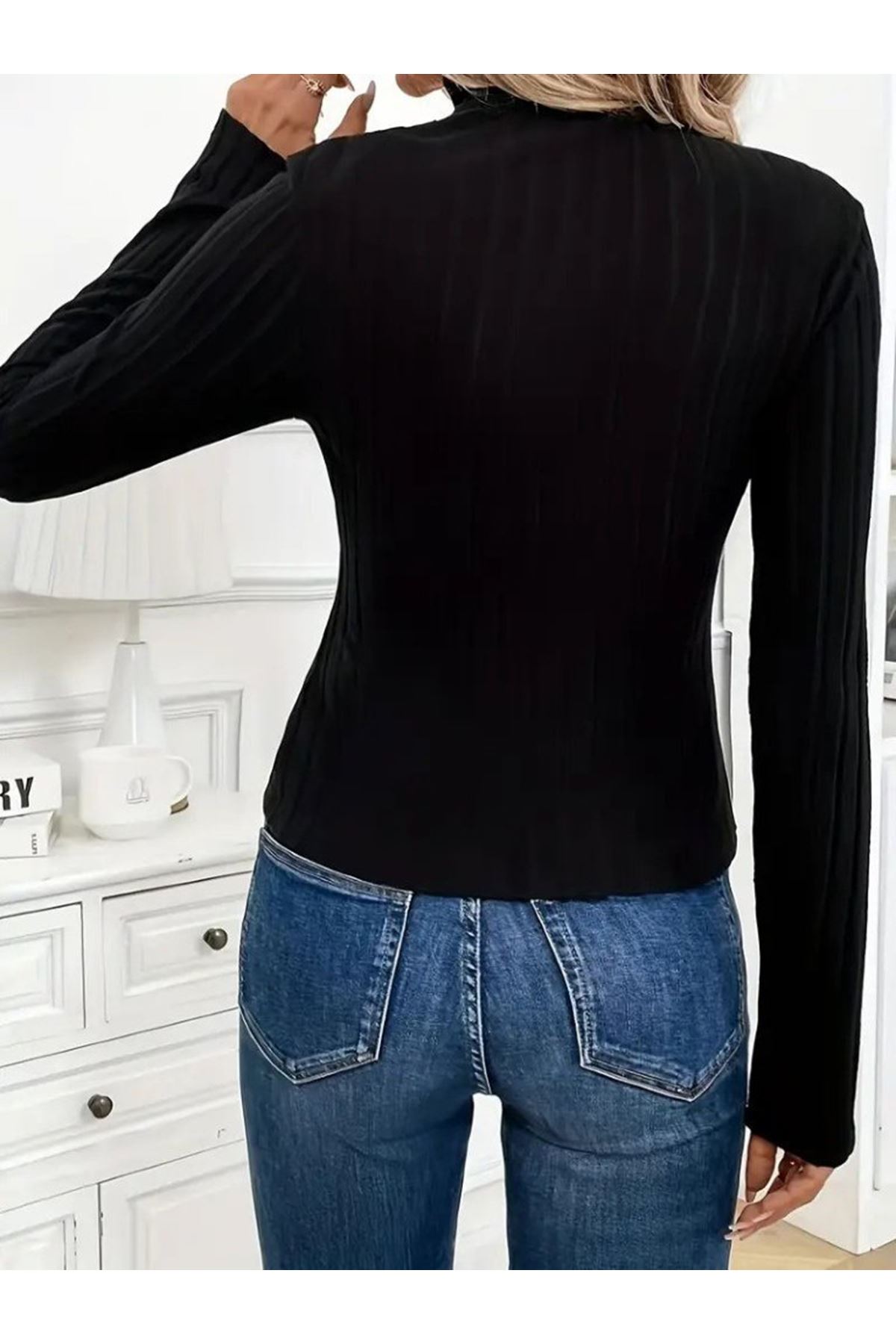 Kadın Uzun Kollu Balıkçı Yaka Fermuarlı Kaşkorse Bluz