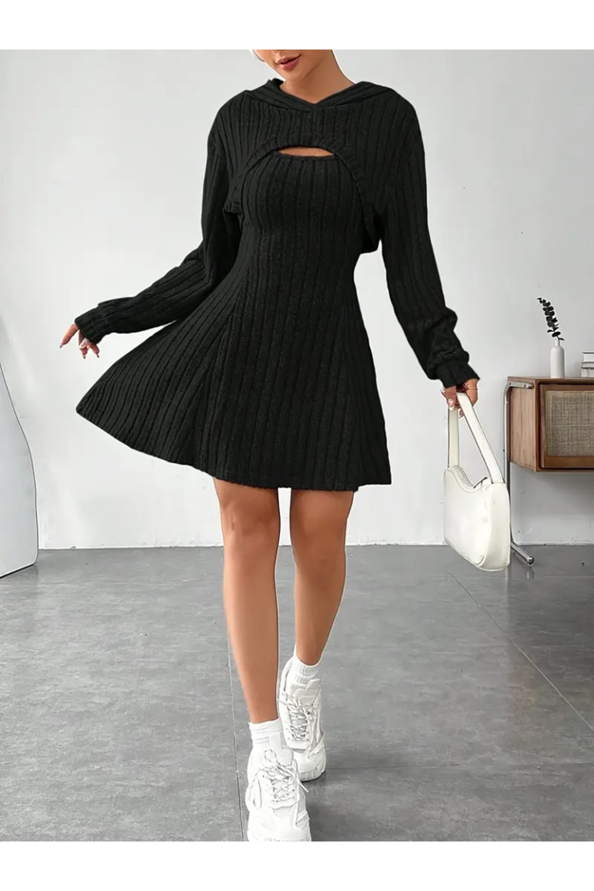 Kadın Uzun Kollu Kapüşonlu Ceket üst Ve Askısız Kare Yaka A Kesim şardonlu Kaşkorse Elbise