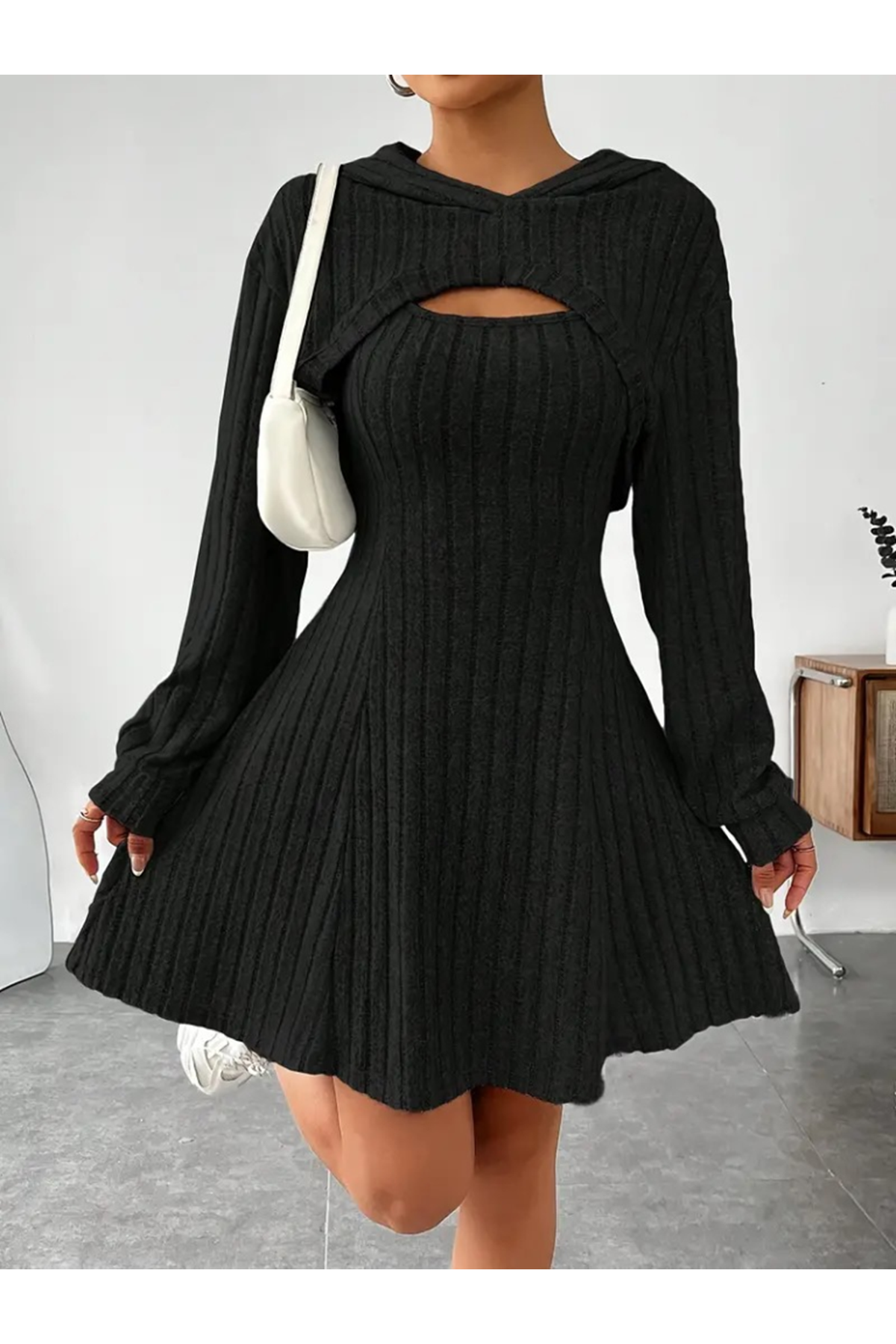 Kadın Uzun Kollu Kapüşonlu Ceket üst Ve Askısız Kare Yaka A Kesim şardonlu Kaşkorse Elbise