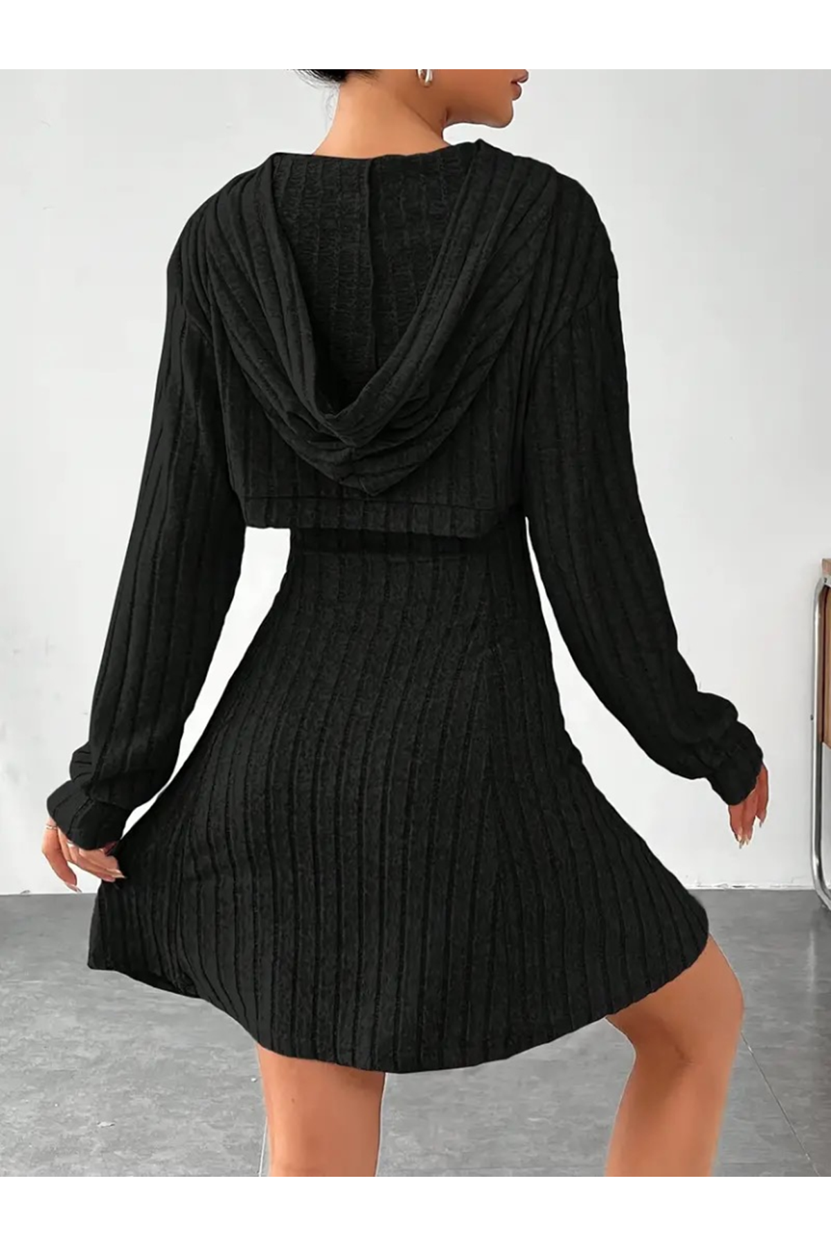 Kadın Uzun Kollu Kapüşonlu Ceket üst Ve Askısız Kare Yaka A Kesim şardonlu Kaşkorse Elbise