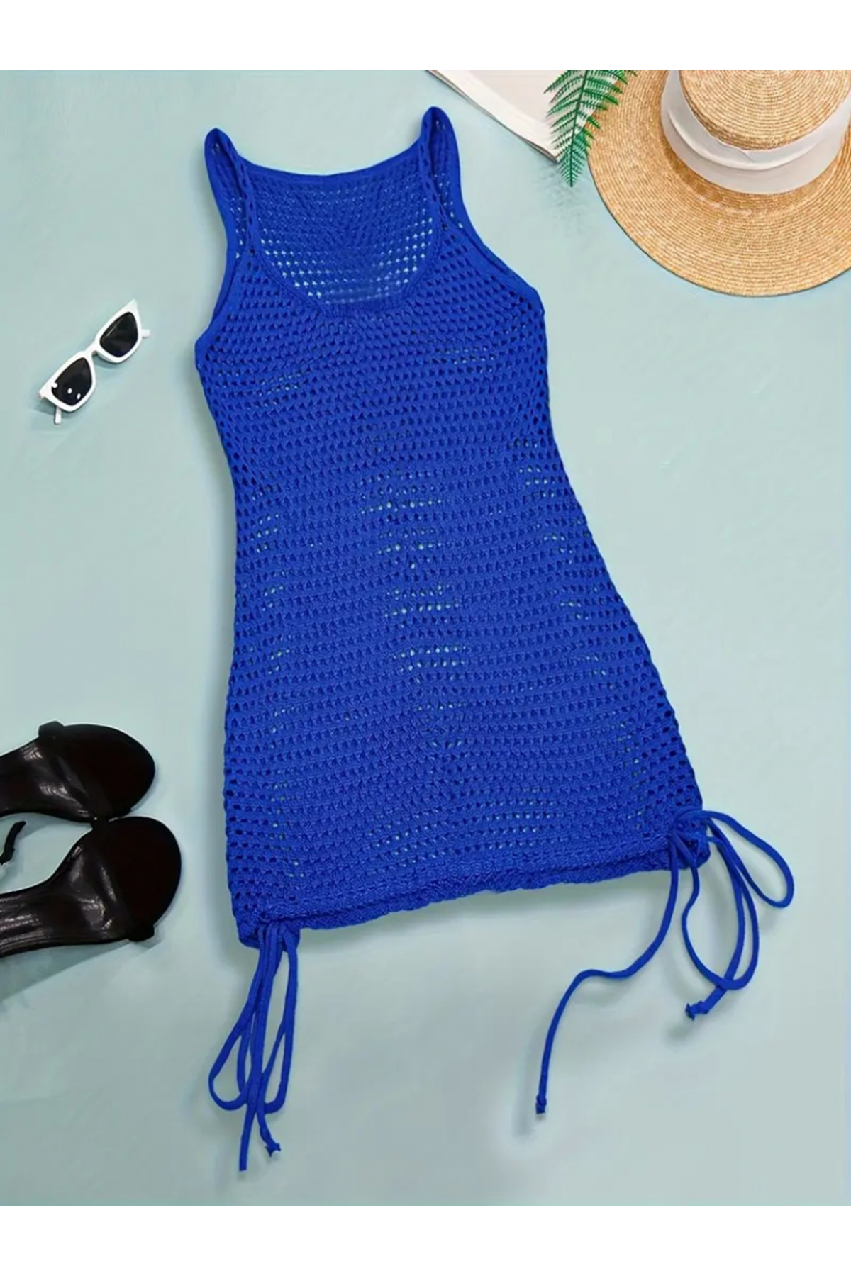 Kadın Askılı Eteği Büzgü Bağlama Detay Delikli örme Triko Pareo Elbise