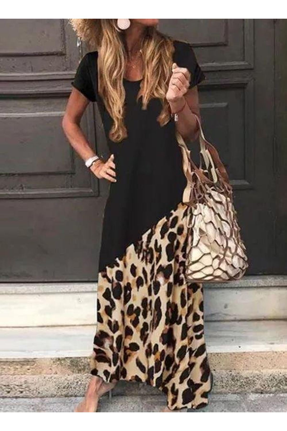 Kadın Leopar Garnili, Turlu Viskon Elbise