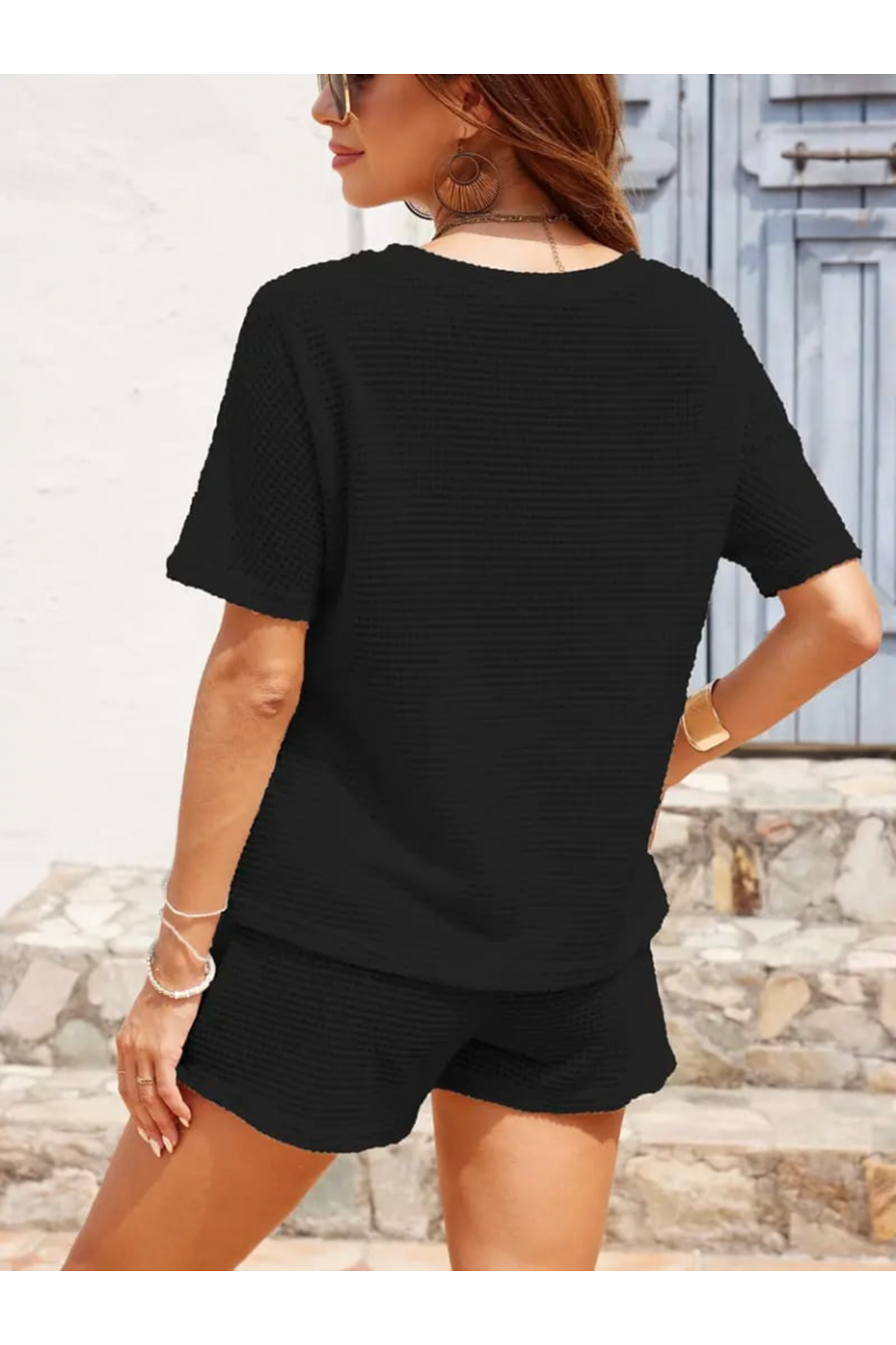 Kadın Kısa Kollu Bisiklet Yaka Alt Ve üst Waffle Ikili Takım