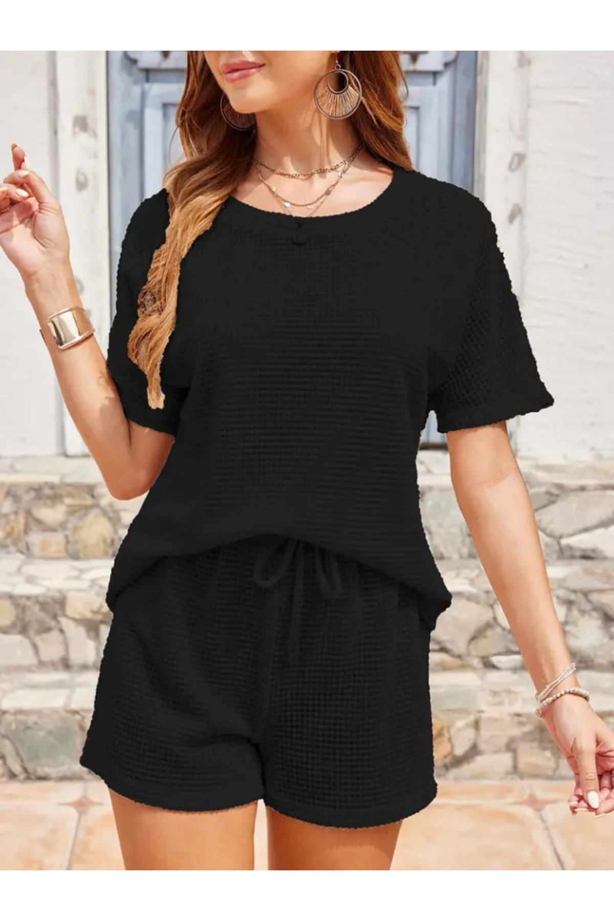 Kadın Kısa Kollu Bisiklet Yaka Alt Ve üst Waffle Ikili Takım