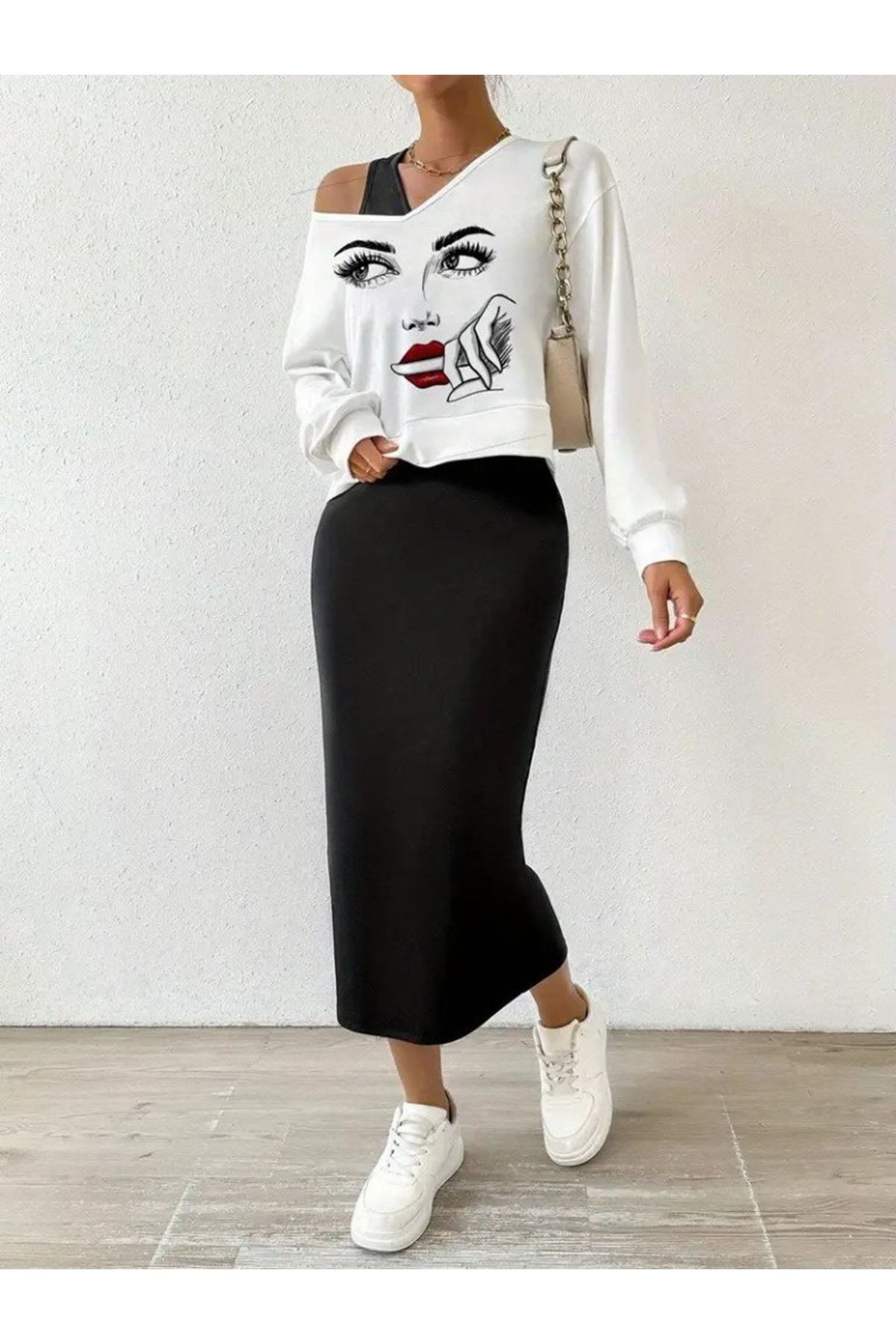 Kadın Askılı Yuvarlak Yaka Viskon Iki Iplik Elbise Ve V Yakalı Bluz Ikili Takım